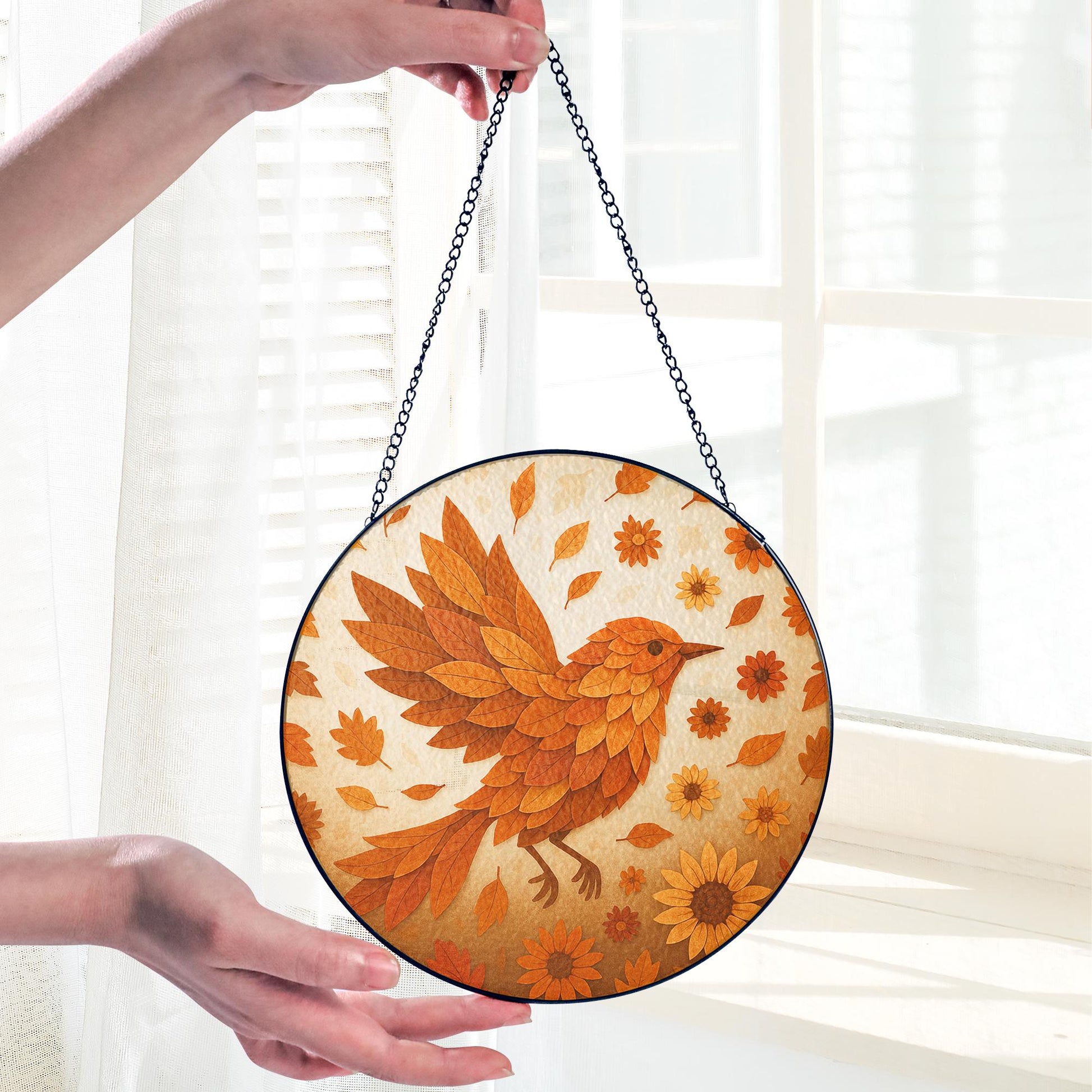 Autumn Bird Glass Suncatcher, Real Glass Bird with Fall Leaves & Flowers, Handmade Window Hanging, Nature Decor Gift, Cute Gift For Her