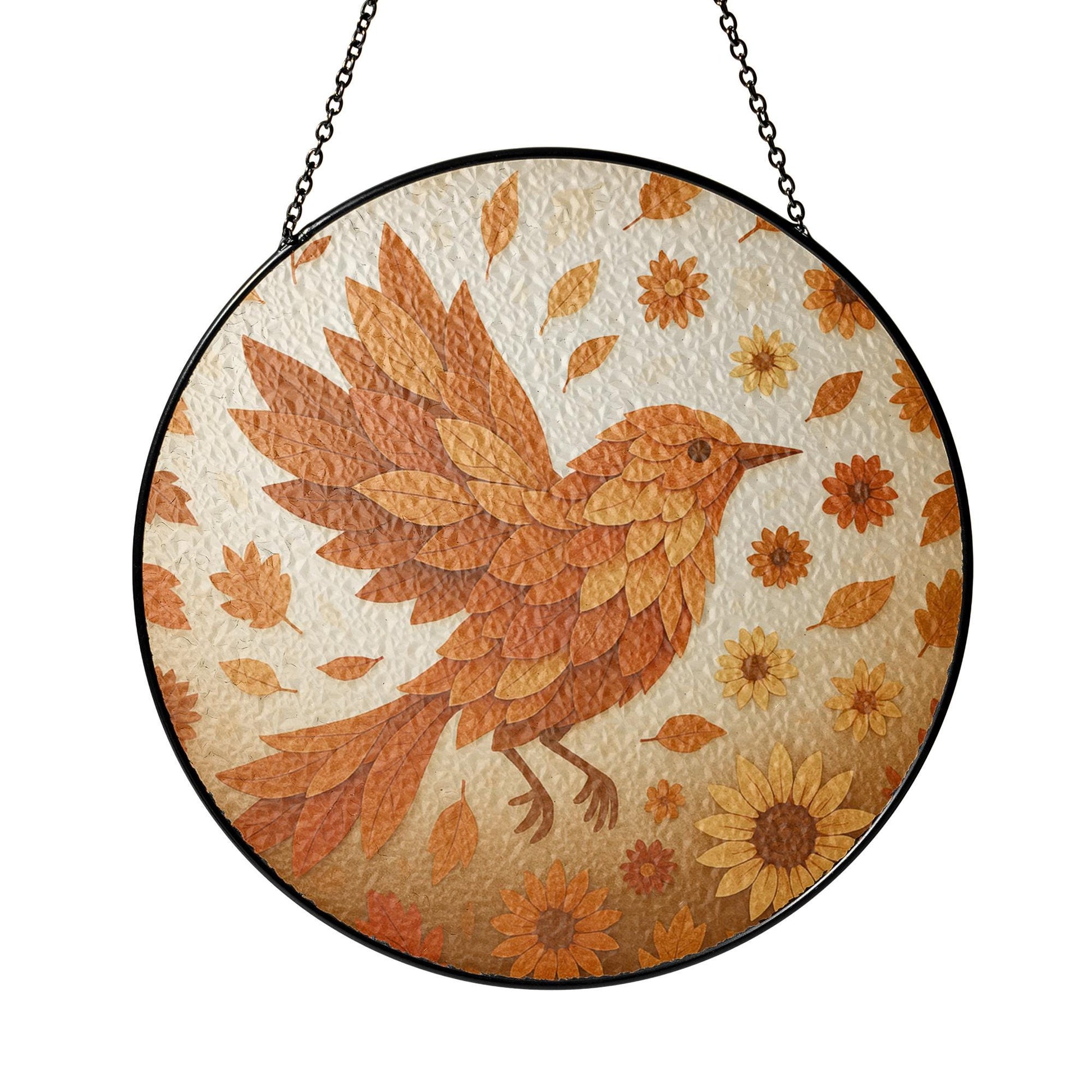 Autumn Bird Glass Suncatcher, Real Glass Bird with Fall Leaves & Flowers, Handmade Window Hanging, Nature Decor Gift, Cute Gift For Her