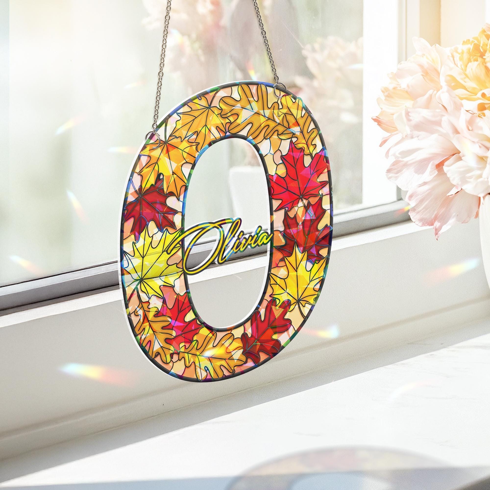 Custom Name & Letter Acrylic Suncatcher, Cute Suncatcher Autumn Leaf Monogram, Personalized Window Hanging Gift, Custom Cute Gift