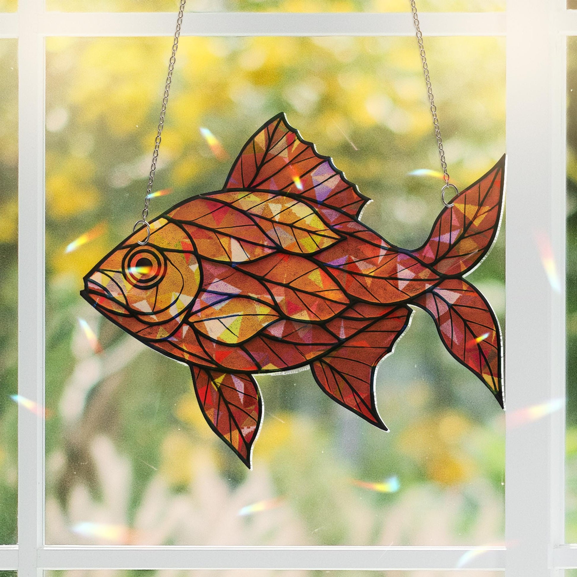 Acrylic Leaf Pattern Fish Suncatcher, Suncatcher Orange Fish Ornament, Autumn Window Hanging, Nature Decor Gift, Cute Fall Gift