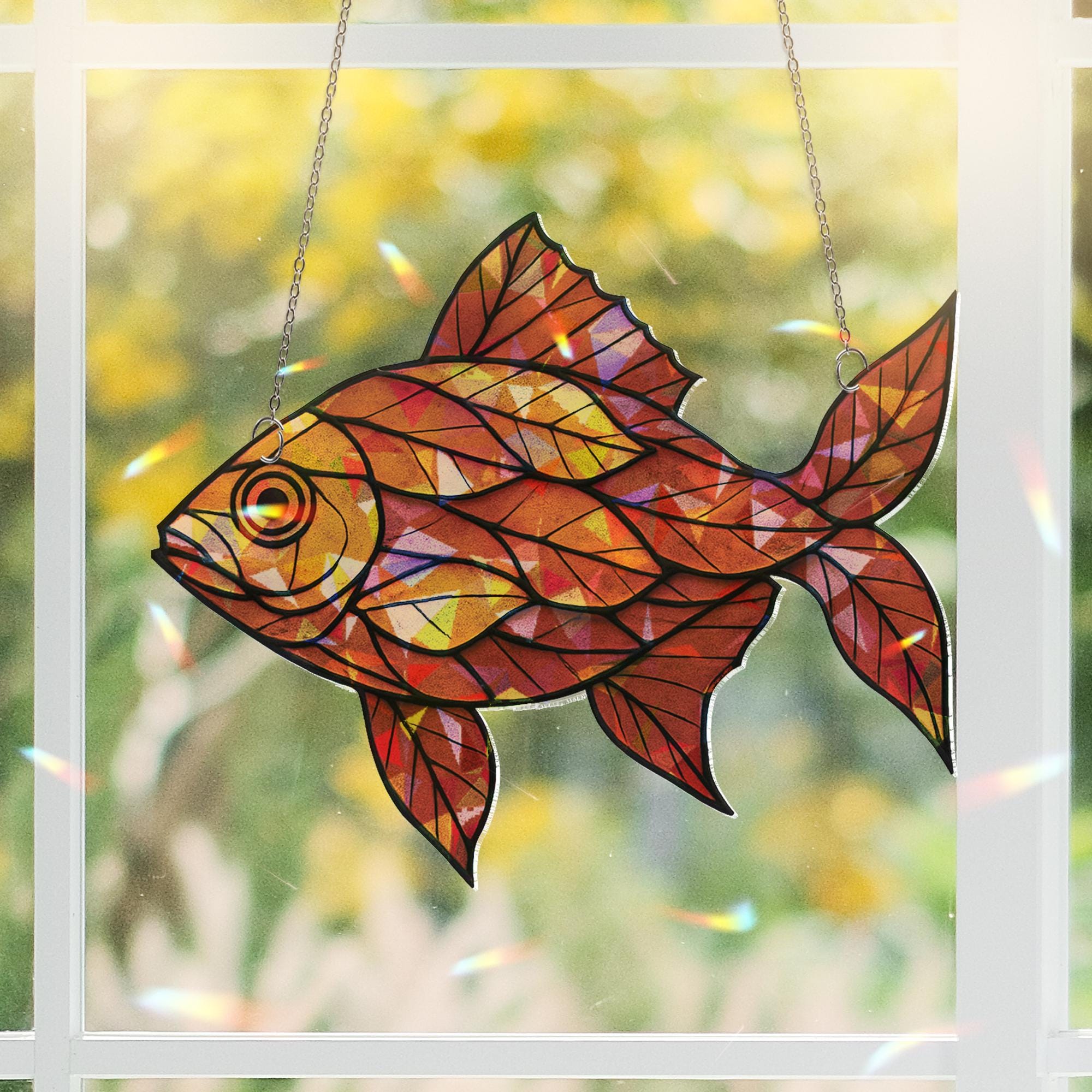 Acrylic Leaf Pattern Fish Suncatcher, Suncatcher Orange Fish Ornament, Autumn Window Hanging, Nature Decor Gift, Cute Fall Gift