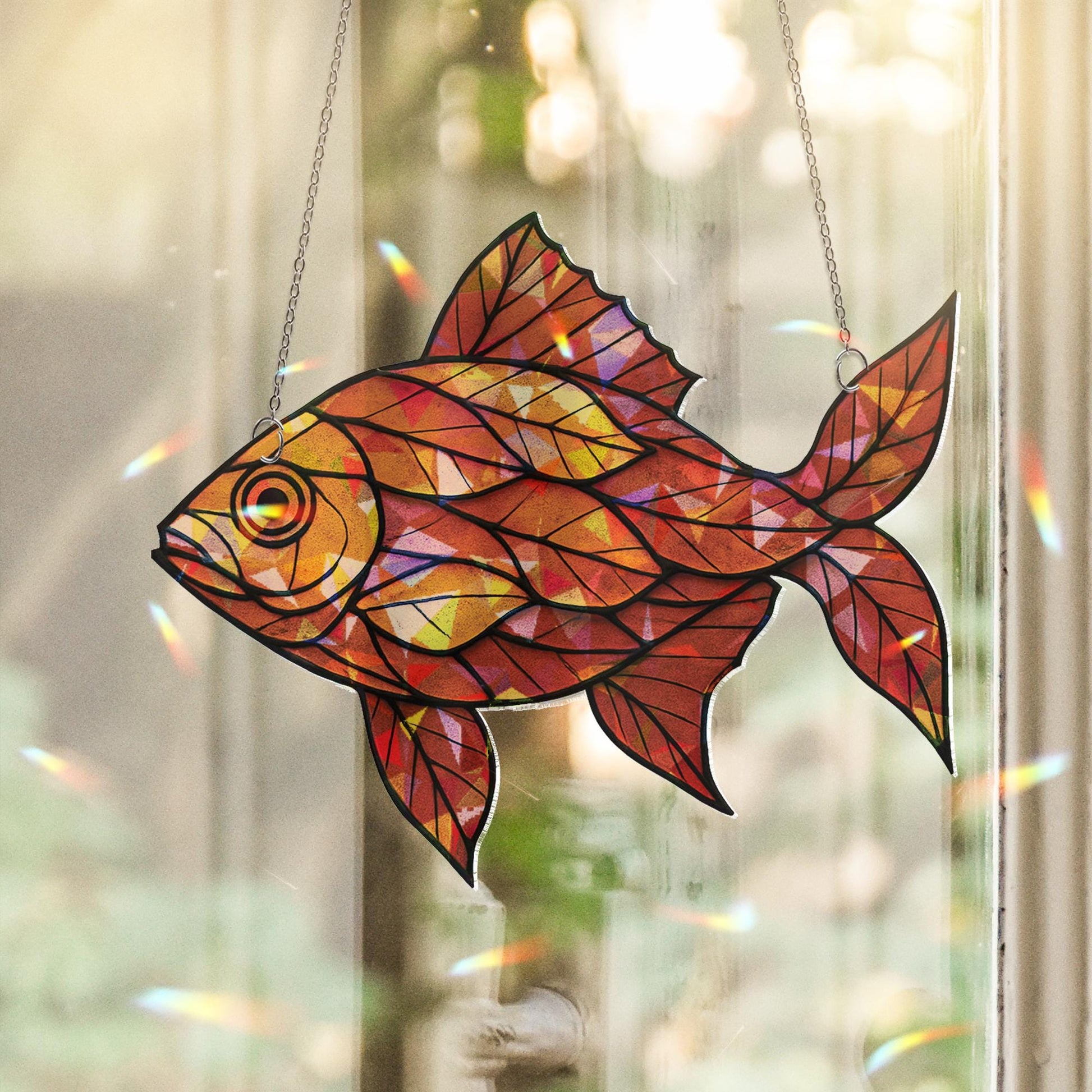Acrylic Leaf Pattern Fish Suncatcher, Suncatcher Orange Fish Ornament, Autumn Window Hanging, Nature Decor Gift, Cute Fall Gift