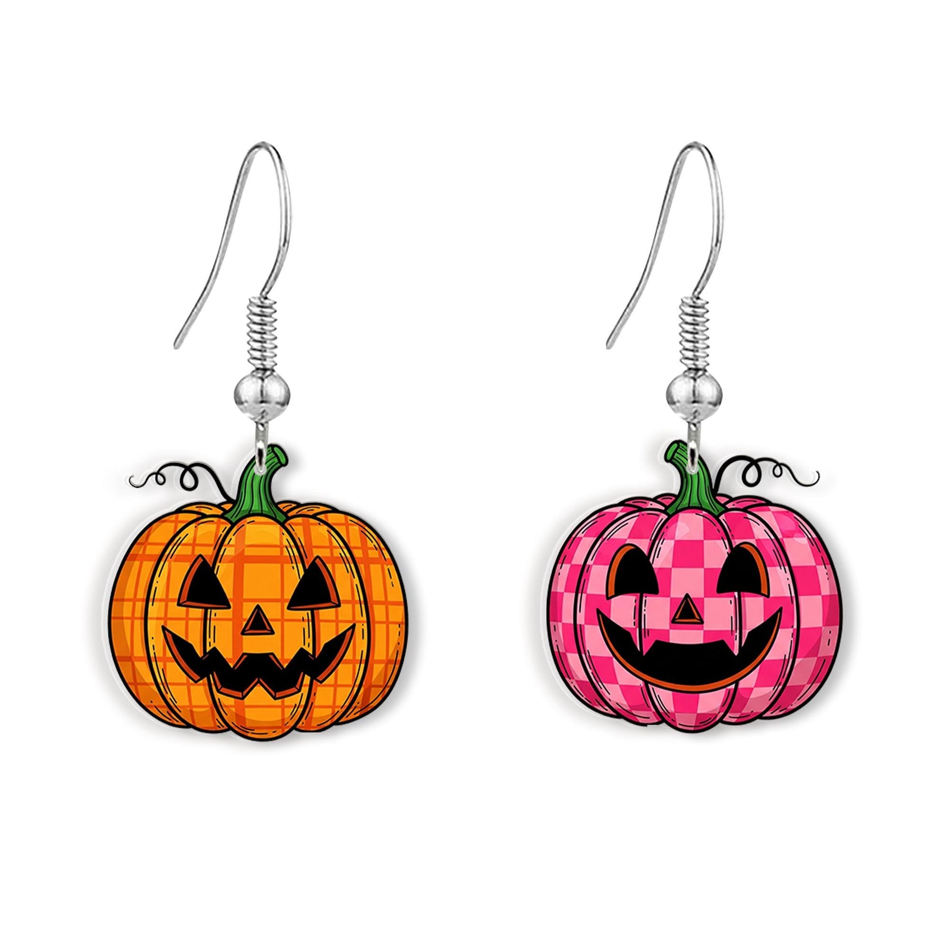 Fall Halloween Pumpkin Earrings, Jack‑o‑Lantern Plaid Jack O Lantern Dangle Earrings, Cute Spooky Halloween Jewelry