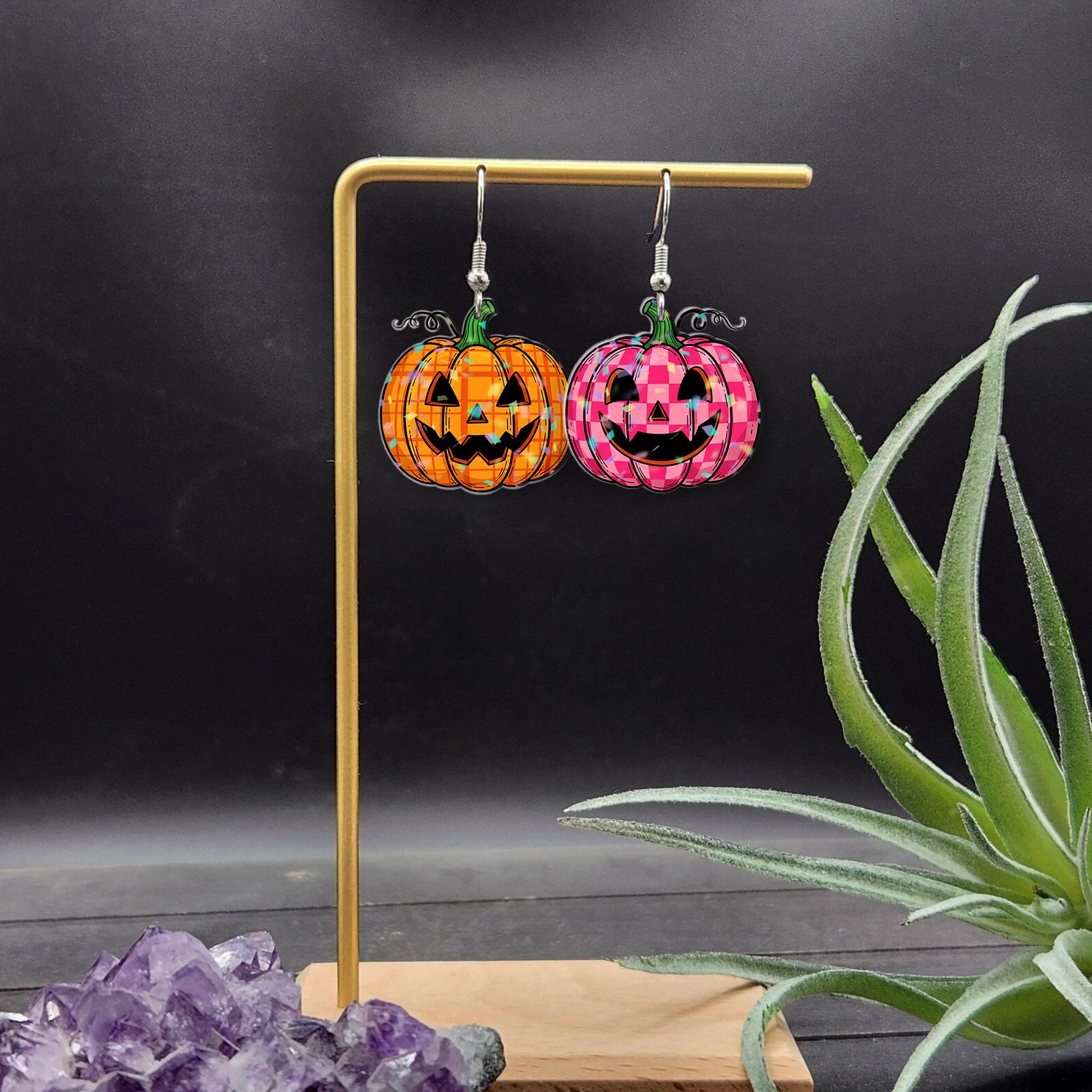 Fall Halloween Pumpkin Earrings, Jack‑o‑Lantern Plaid Jack O Lantern Dangle Earrings, Cute Spooky Halloween Jewelry