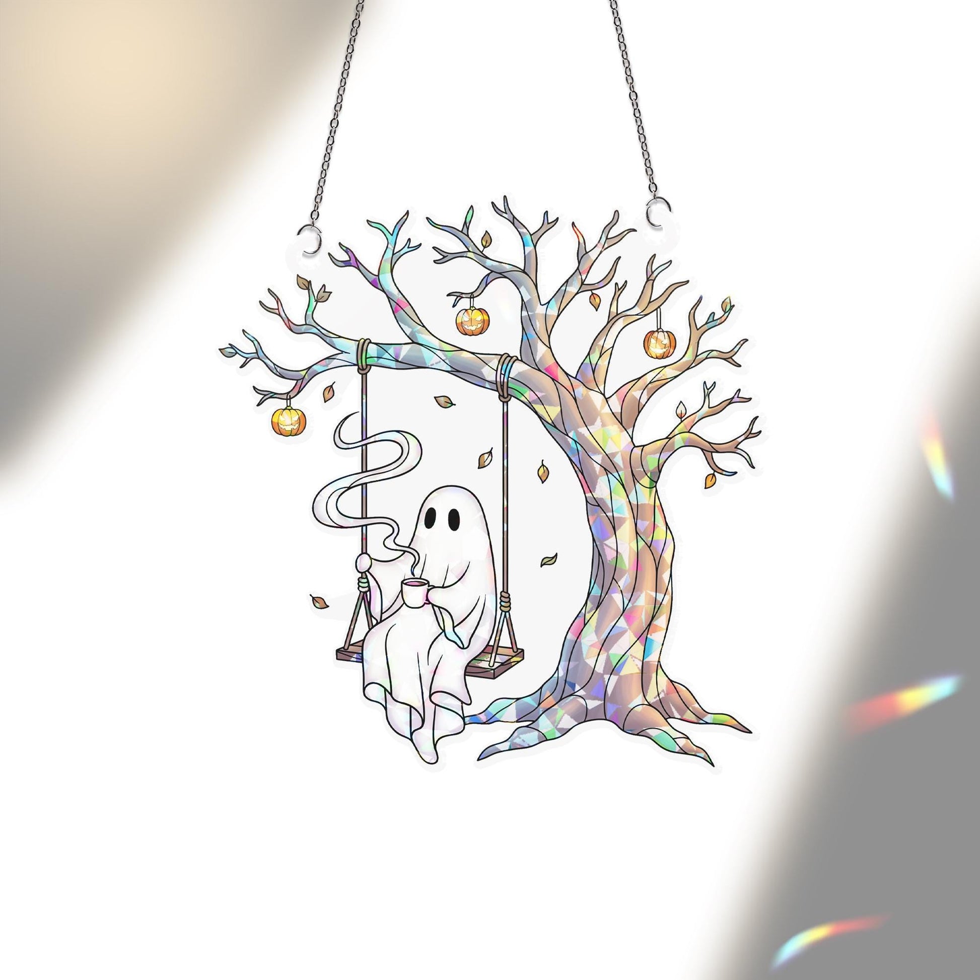 Hologram Ghost Swing Suncatcher, Halloween Holographic Window Decor, Spooky Tree Hanging Light Catcher, Ghost Acrylic Ornament
