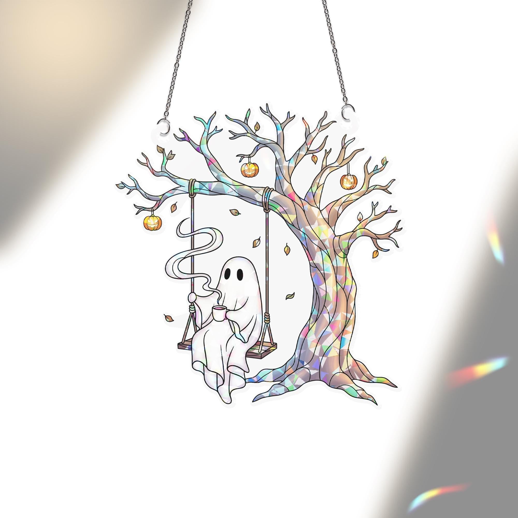 Hologram Ghost Swing Suncatcher, Halloween Holographic Window Decor, Spooky Tree Hanging Light Catcher, Ghost Acrylic Ornament