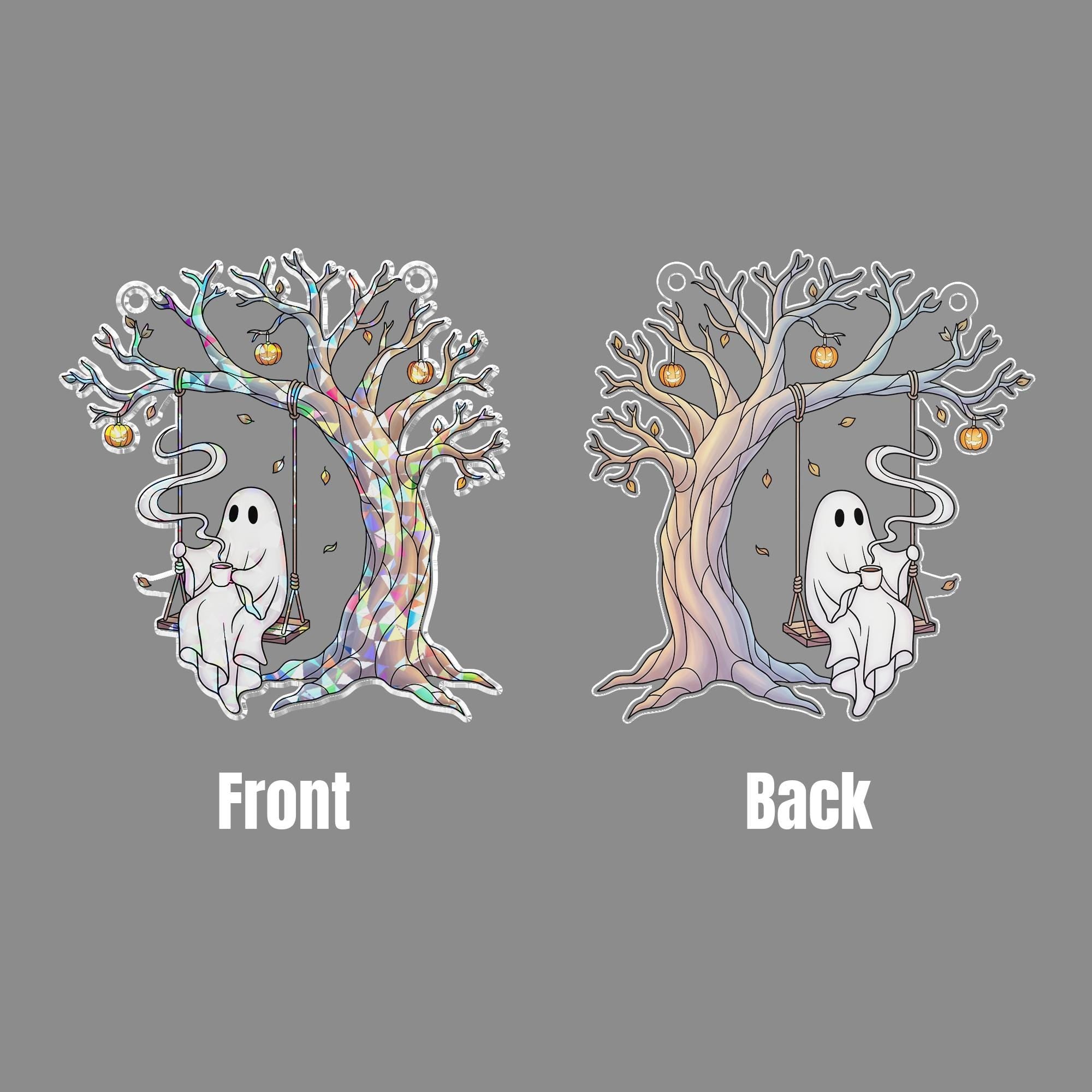 Hologram Ghost Swing Suncatcher, Halloween Holographic Window Decor, Spooky Tree Hanging Light Catcher, Ghost Acrylic Ornament