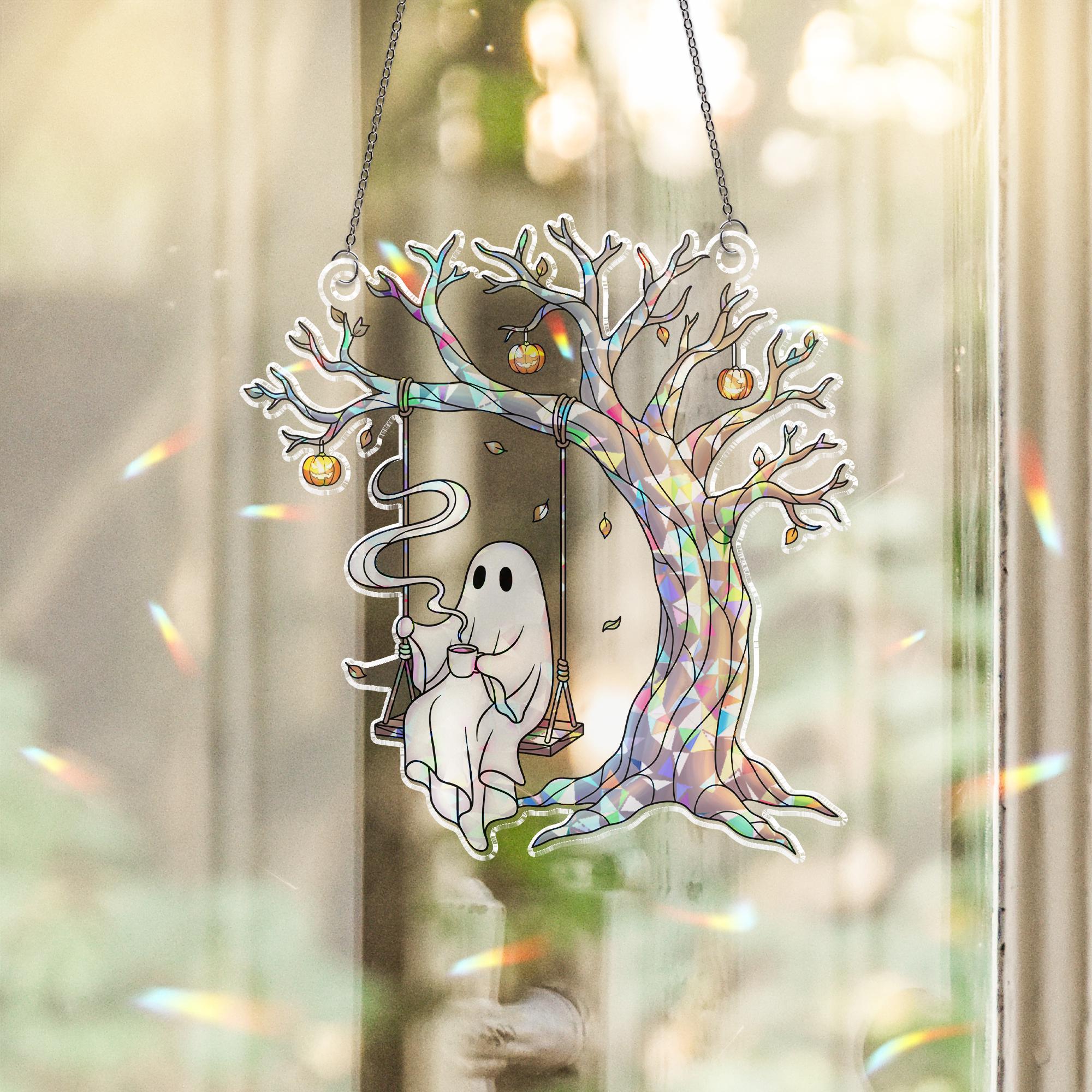 Hologram Ghost Swing Suncatcher, Halloween Holographic Window Decor, Spooky Tree Hanging Light Catcher, Ghost Acrylic Ornament