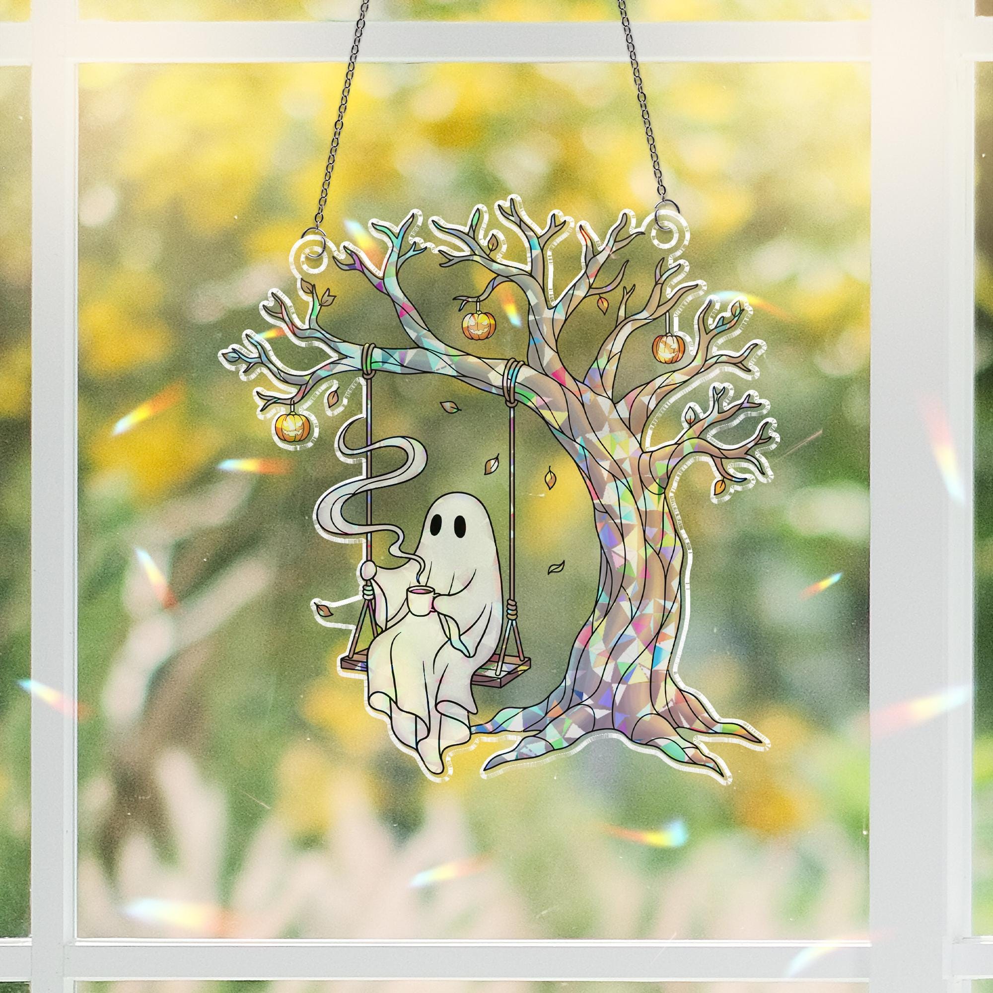 Hologram Ghost Swing Suncatcher, Halloween Holographic Window Decor, Spooky Tree Hanging Light Catcher, Ghost Acrylic Ornament