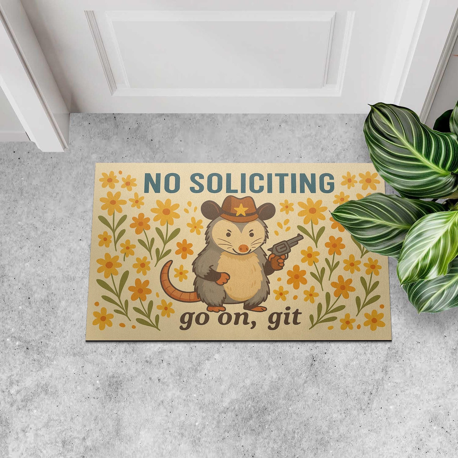 Funny No Soliciting Doormat – Cowboy Opossum Welcome Mat – Western Front Porch Decor – Go On Git Doormat – Rustic Outdoor Entry Rug