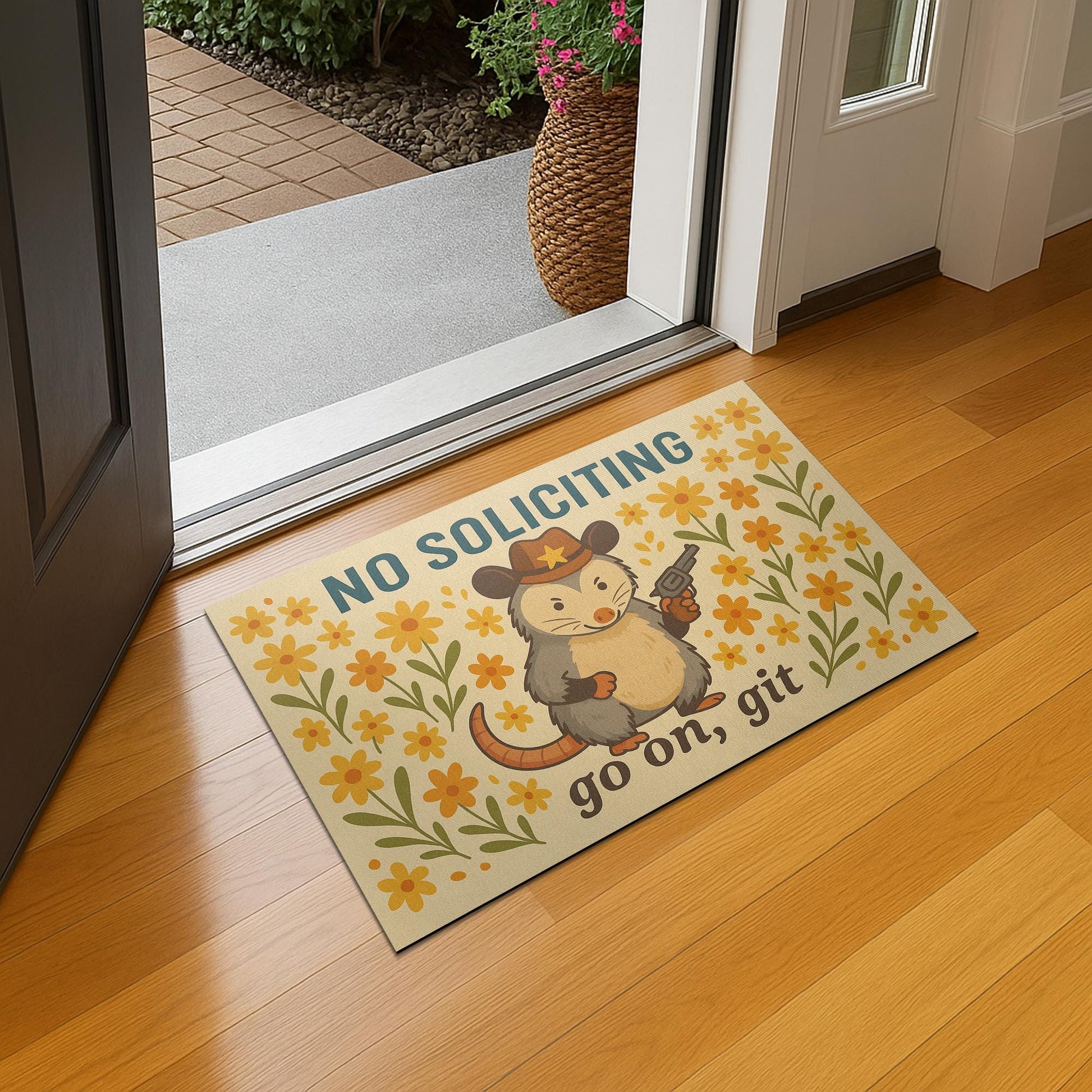 Funny No Soliciting Doormat – Cowboy Opossum Welcome Mat – Western Front Porch Decor – Go On Git Doormat – Rustic Outdoor Entry Rug