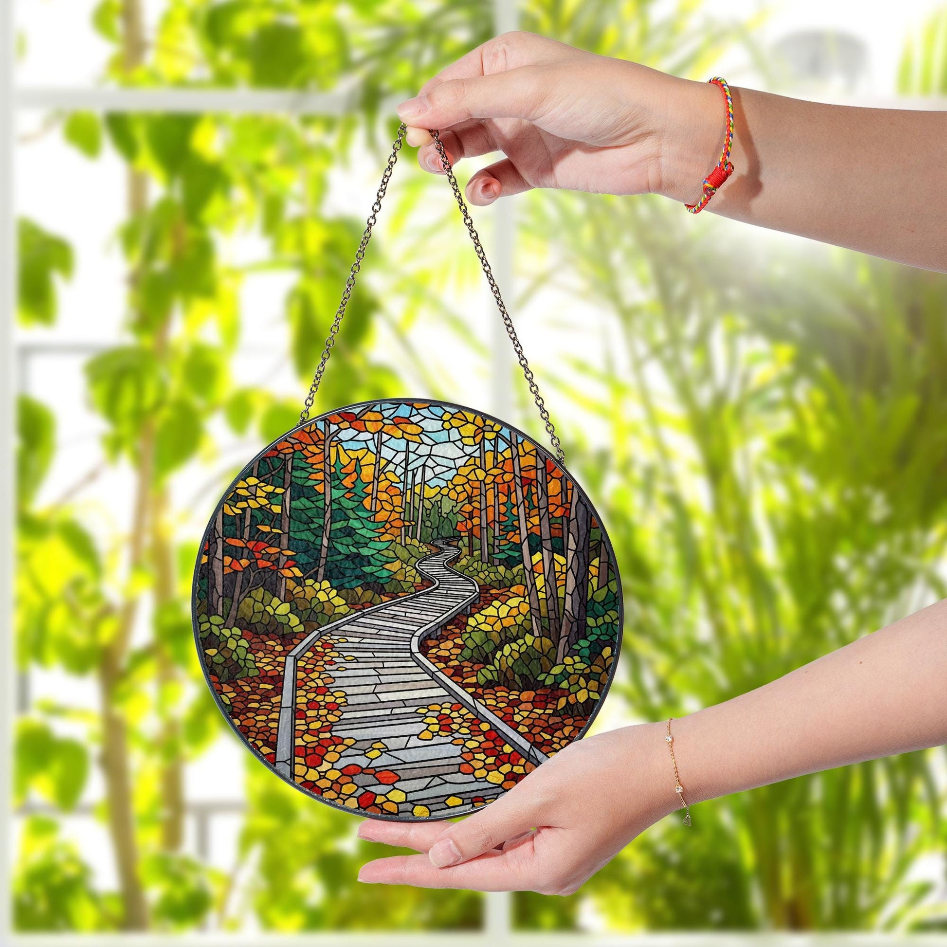 Acadia National Park Faux Stained Glass Suncatcher – Autumn Forest Scenic Window Hanging Nature Lover Gift Home Decor