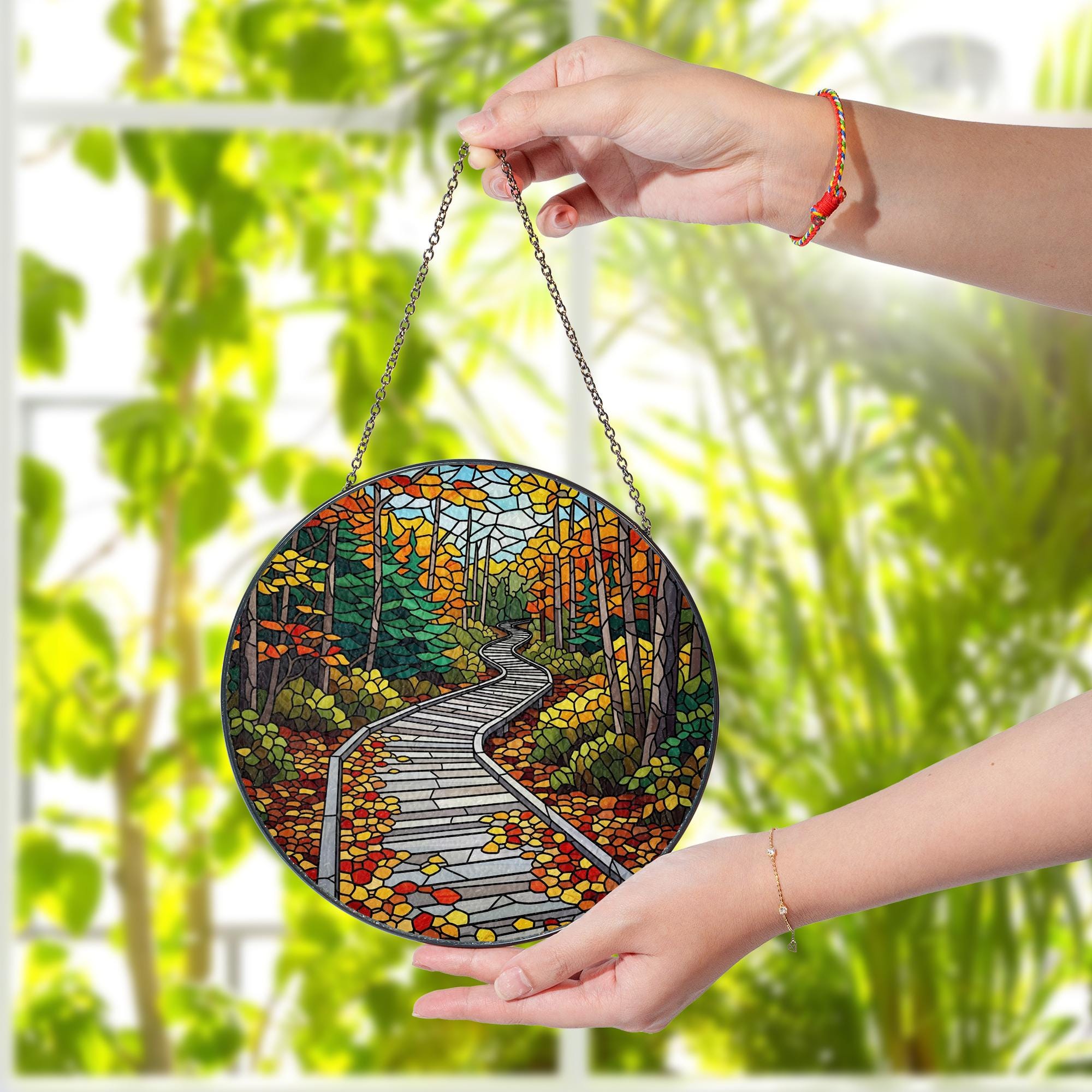 Acadia National Park Faux Stained Glass Suncatcher – Autumn Forest Scenic Window Hanging Nature Lover Gift Home Decor