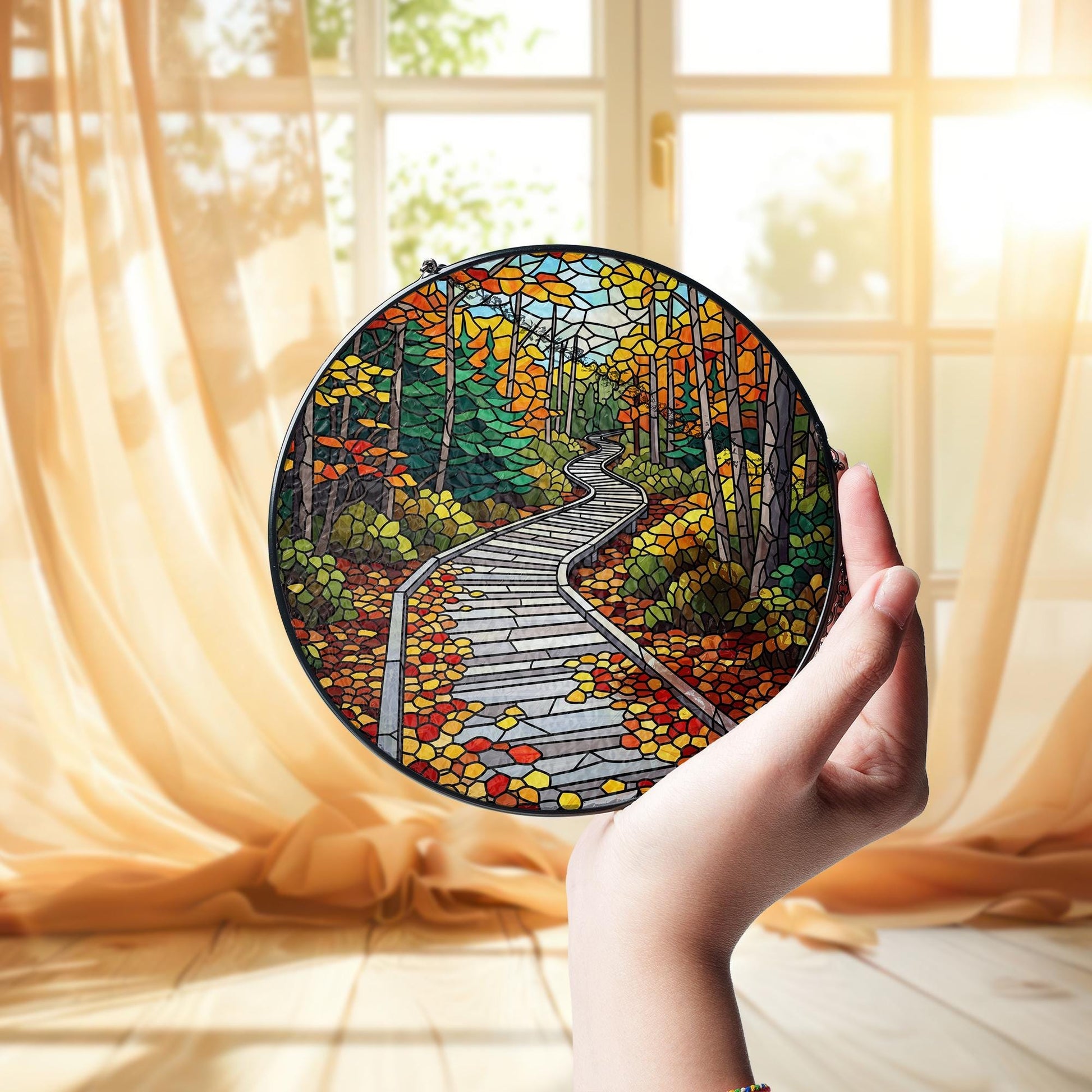 Acadia National Park Faux Stained Glass Suncatcher – Autumn Forest Scenic Window Hanging Nature Lover Gift Home Decor