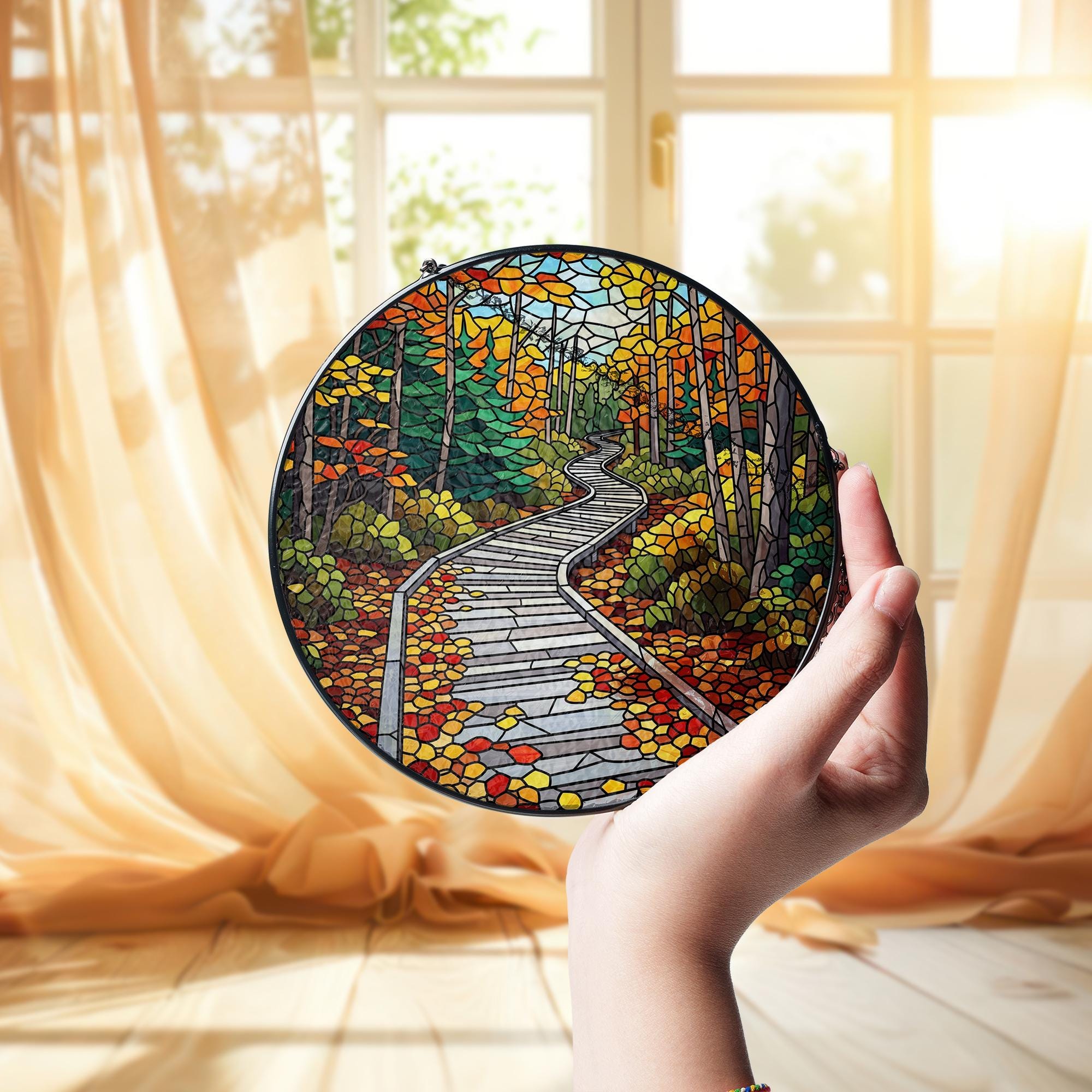 Acadia National Park Faux Stained Glass Suncatcher – Autumn Forest Scenic Window Hanging Nature Lover Gift Home Decor
