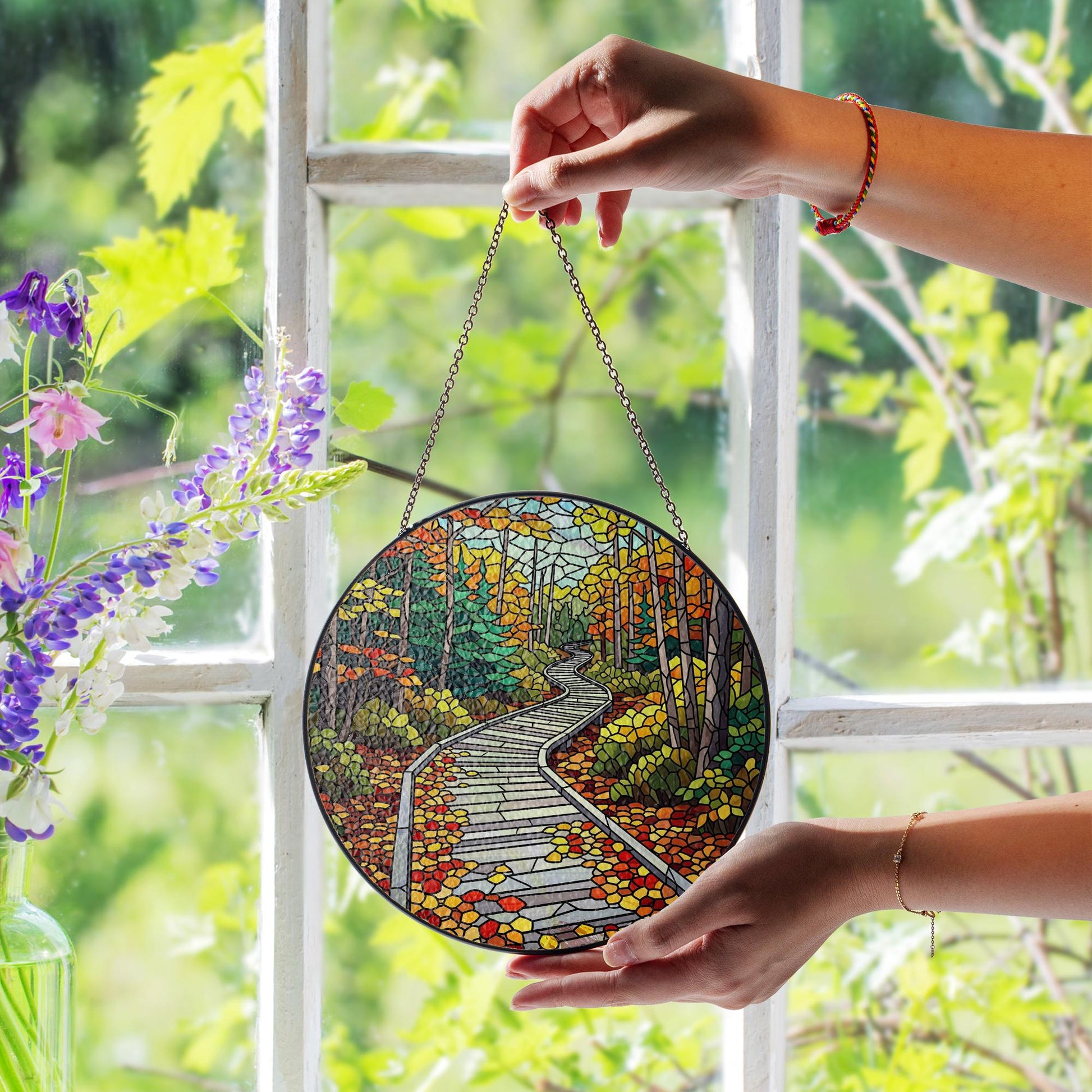 Acadia National Park Faux Stained Glass Suncatcher – Autumn Forest Scenic Window Hanging Nature Lover Gift Home Decor