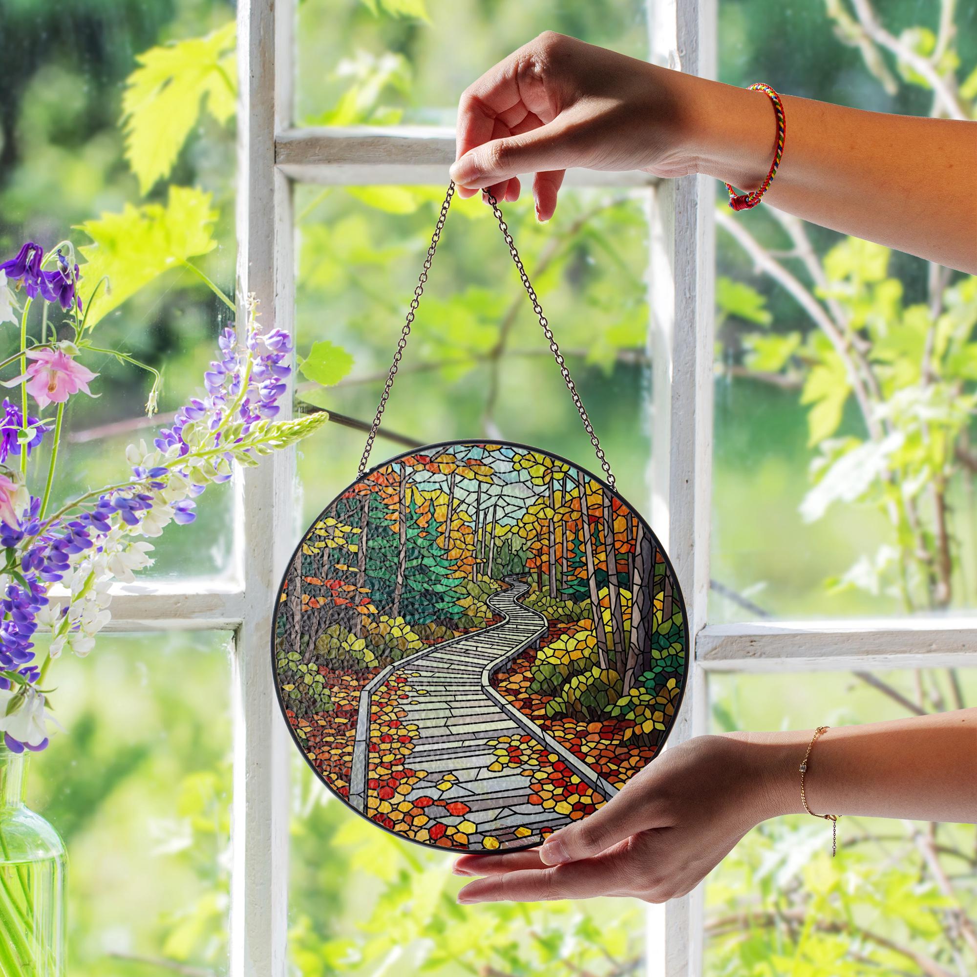 Acadia National Park Faux Stained Glass Suncatcher – Autumn Forest Scenic Window Hanging Nature Lover Gift Home Decor