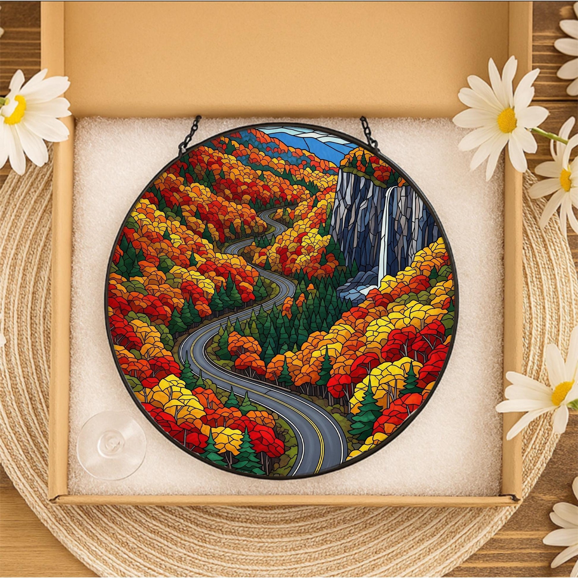 Hawk’s Nest Road Faux Stained Glass Suncatcher – Autumn Scenic Drive Window Hanging Nature Lover Home Decor Gift
