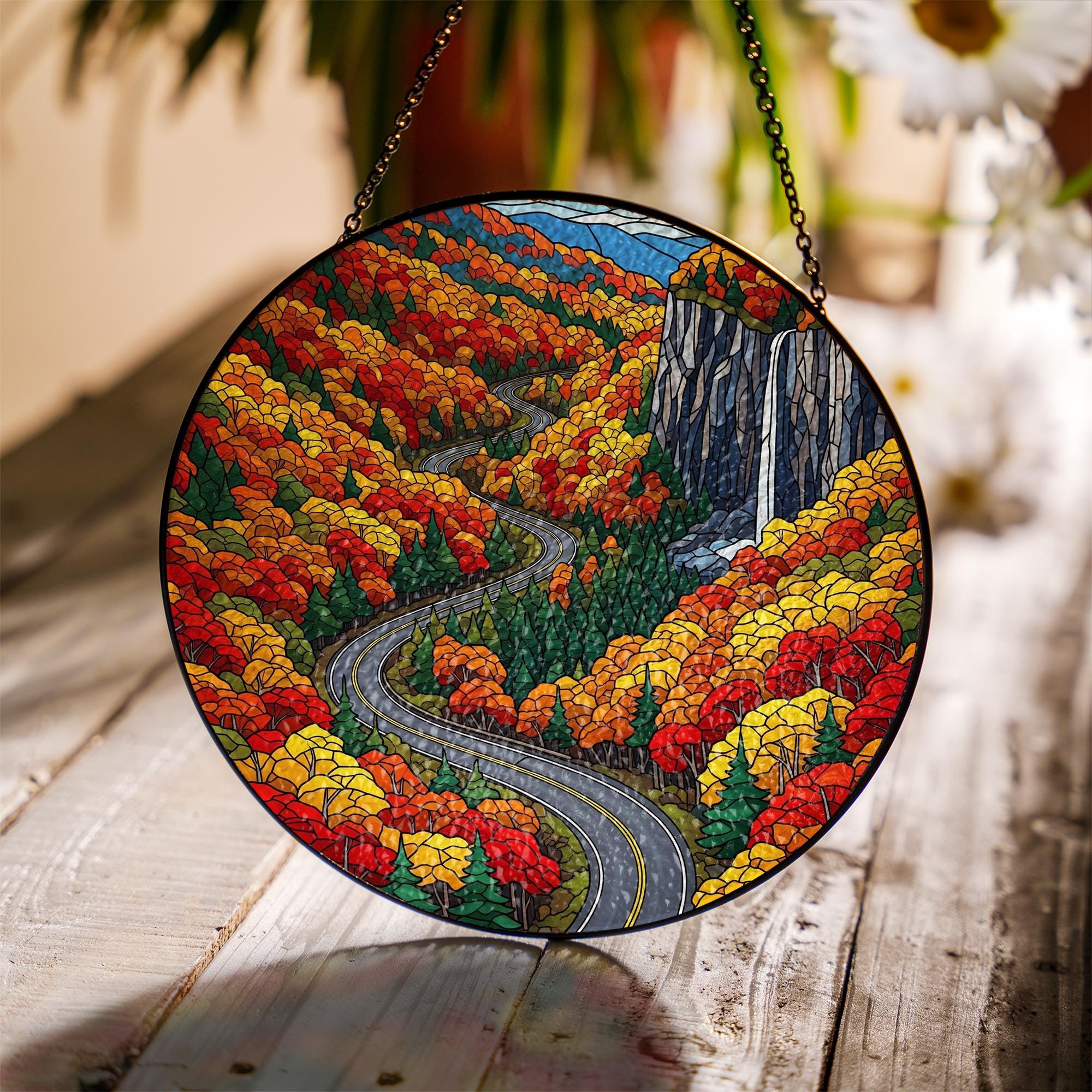 Hawk’s Nest Road Faux Stained Glass Suncatcher – Autumn Scenic Drive Window Hanging Nature Lover Home Decor Gift