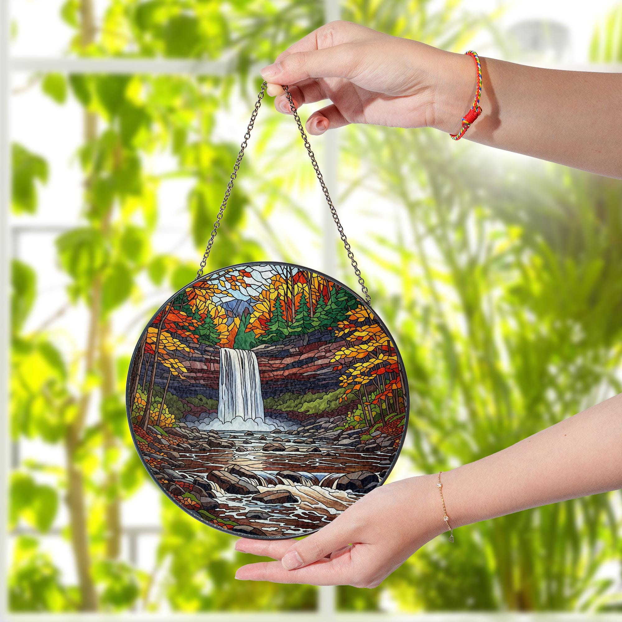 Kaaterskill Falls Faux Stained Glass Suncatcher – Autumn Waterfall Scenic Window Hanging Nature Lover Home Decor Gift