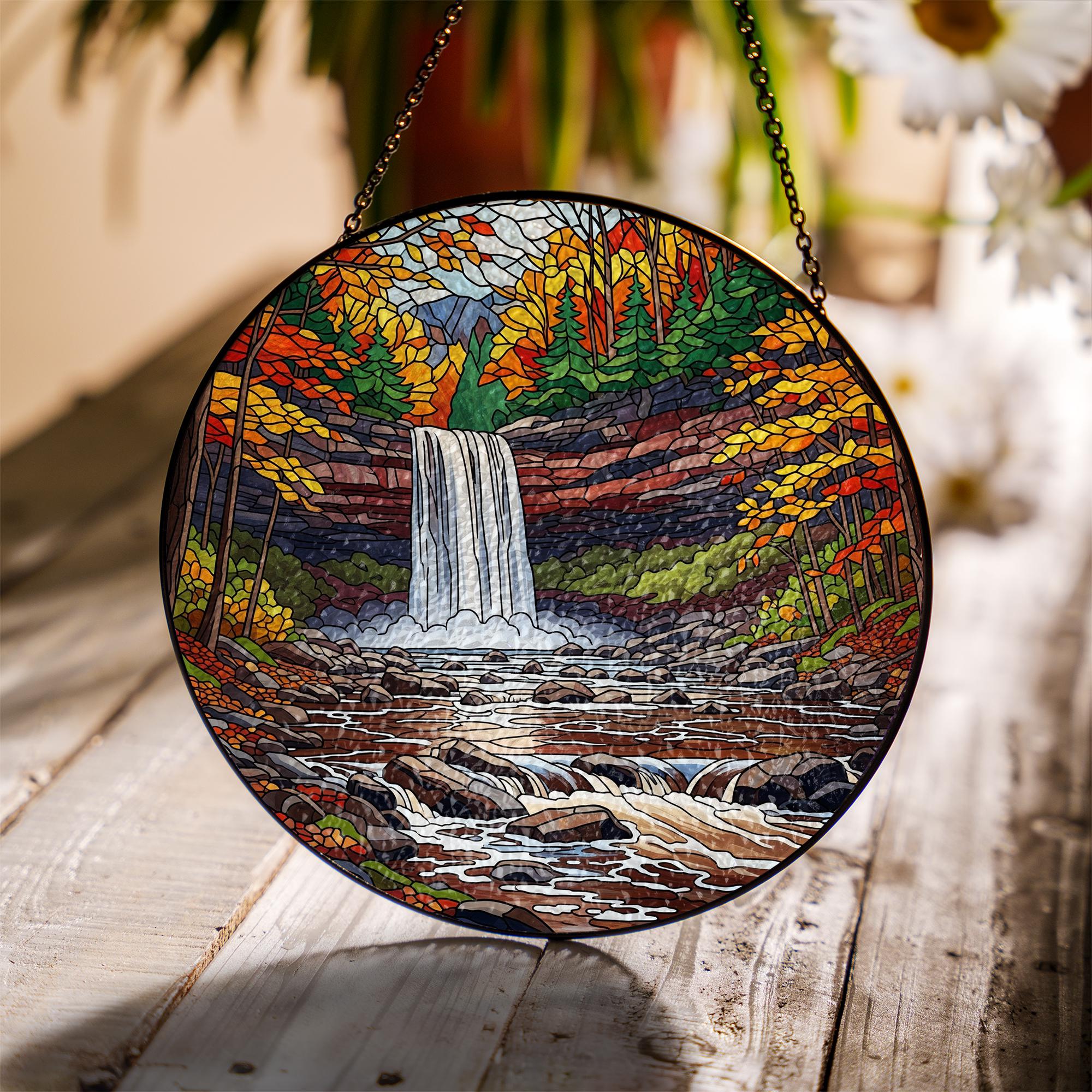 Kaaterskill Falls Faux Stained Glass Suncatcher – Autumn Waterfall Scenic Window Hanging Nature Lover Home Decor Gift