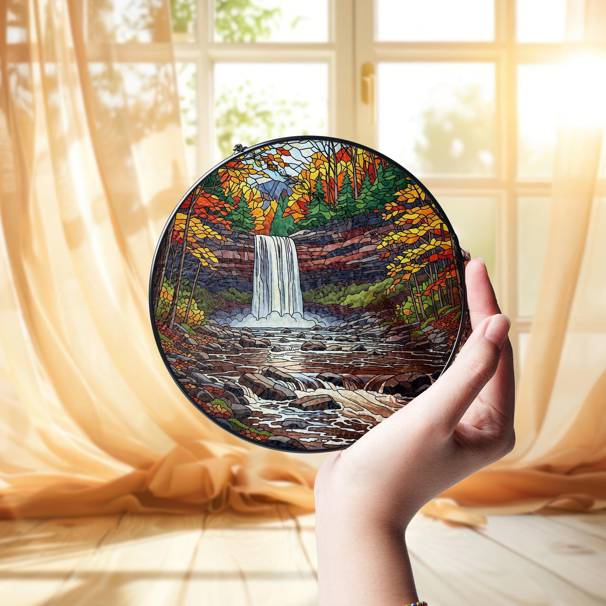 Kaaterskill Falls Faux Stained Glass Suncatcher – Autumn Waterfall Scenic Window Hanging Nature Lover Home Decor Gift