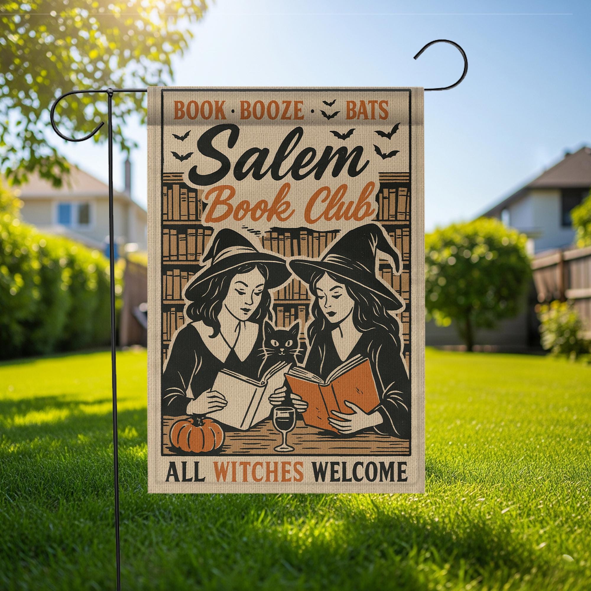 Salem Book Club Garden Flag – Funny Witch Yard Decor – Halloween Witches Reading Banner – Booze & Bats Outdoor Fall Flag