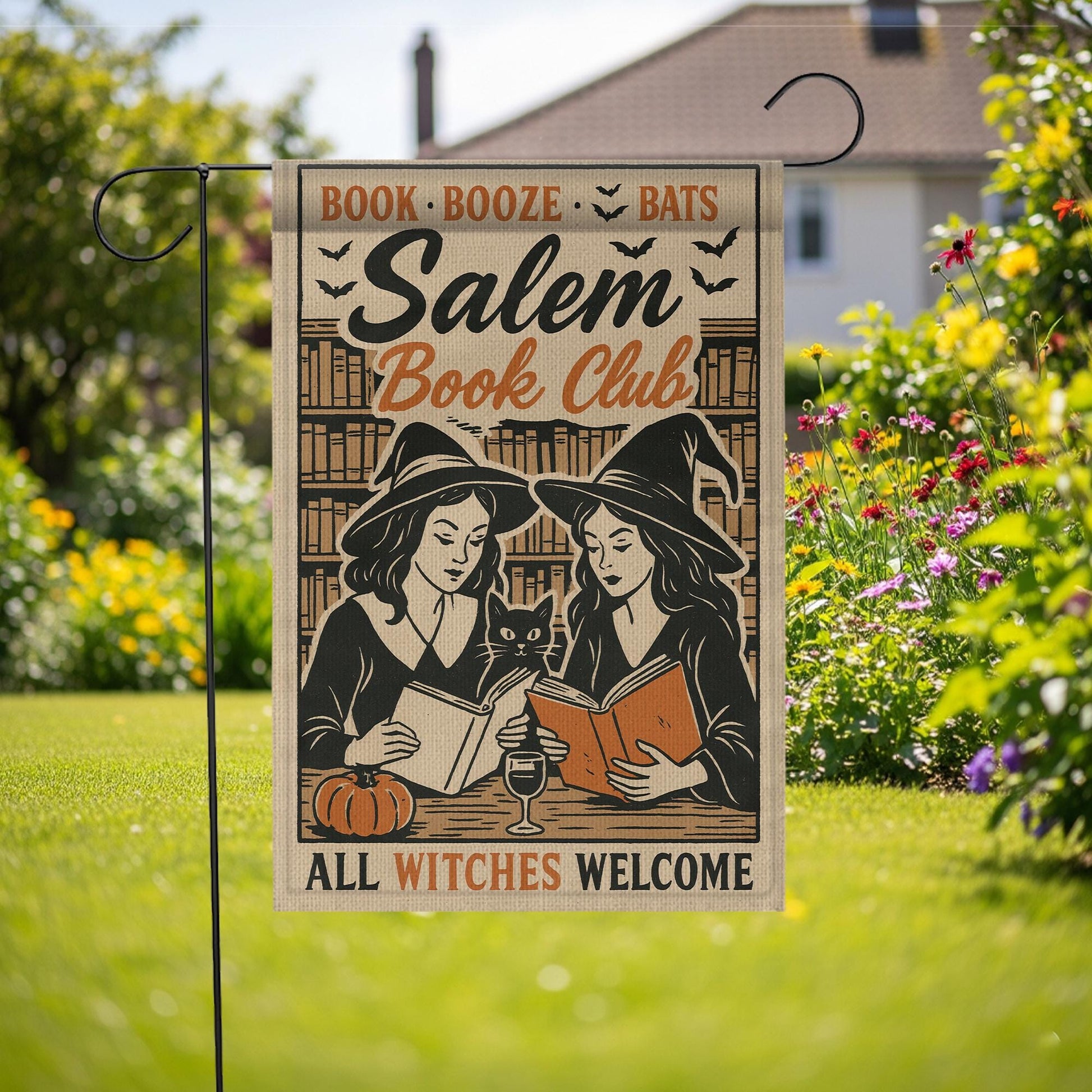 Salem Book Club Garden Flag – Funny Witch Yard Decor – Halloween Witches Reading Banner – Booze & Bats Outdoor Fall Flag