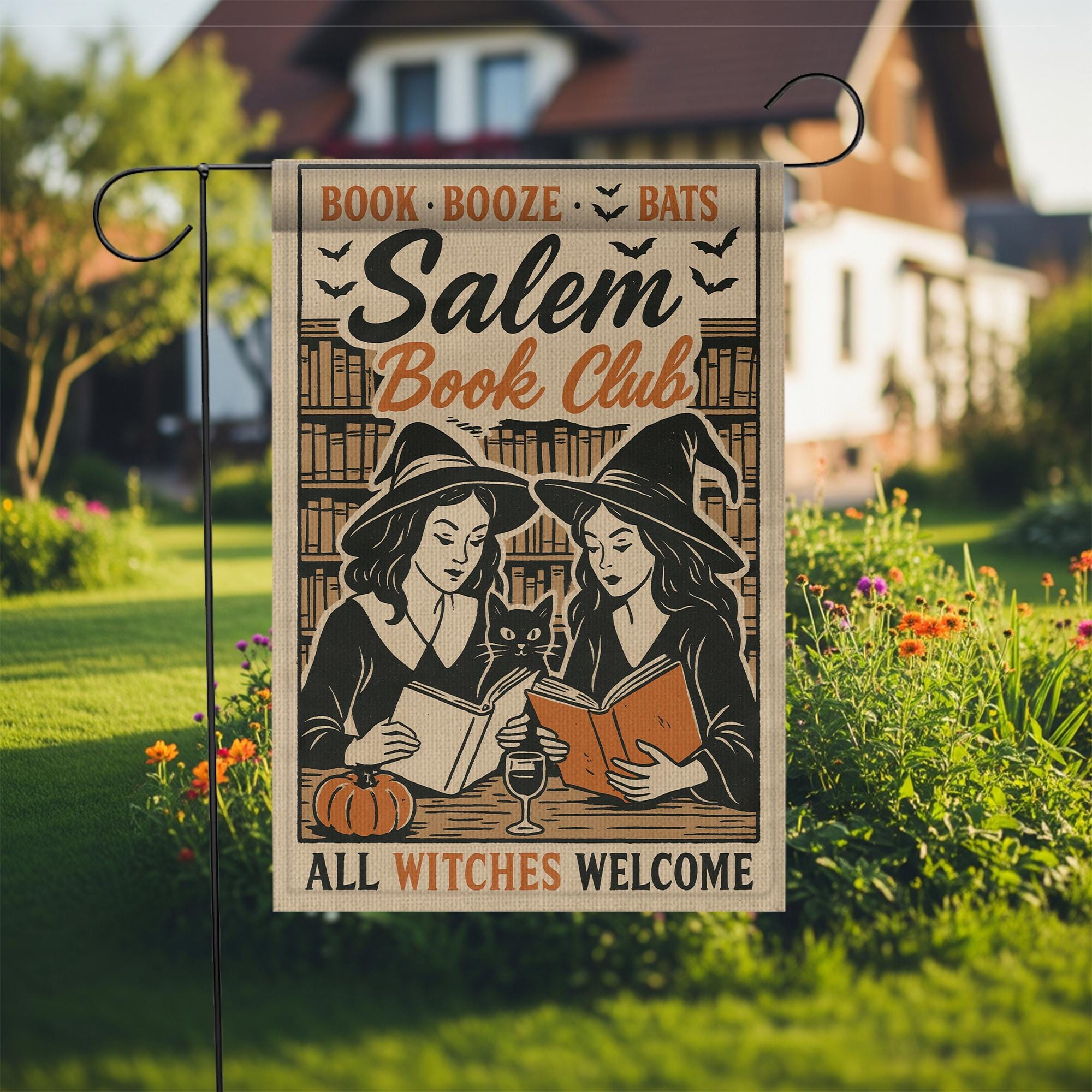 Salem Book Club Garden Flag – Funny Witch Yard Decor – Halloween Witches Reading Banner – Booze & Bats Outdoor Fall Flag