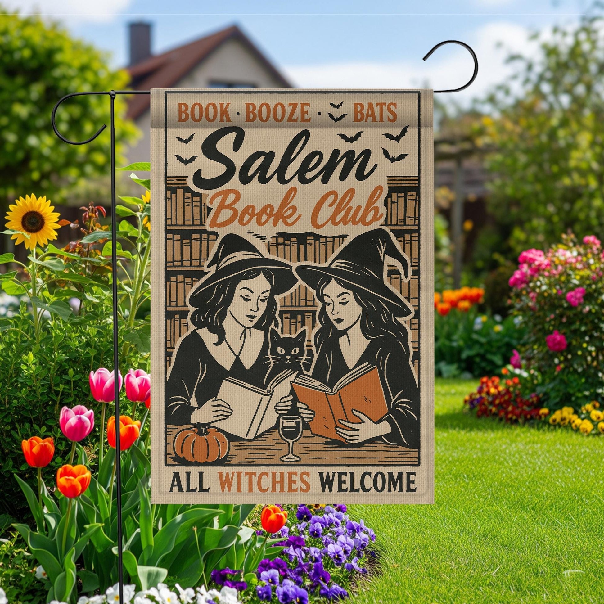 Salem Book Club Garden Flag – Funny Witch Yard Decor – Halloween Witches Reading Banner – Booze & Bats Outdoor Fall Flag