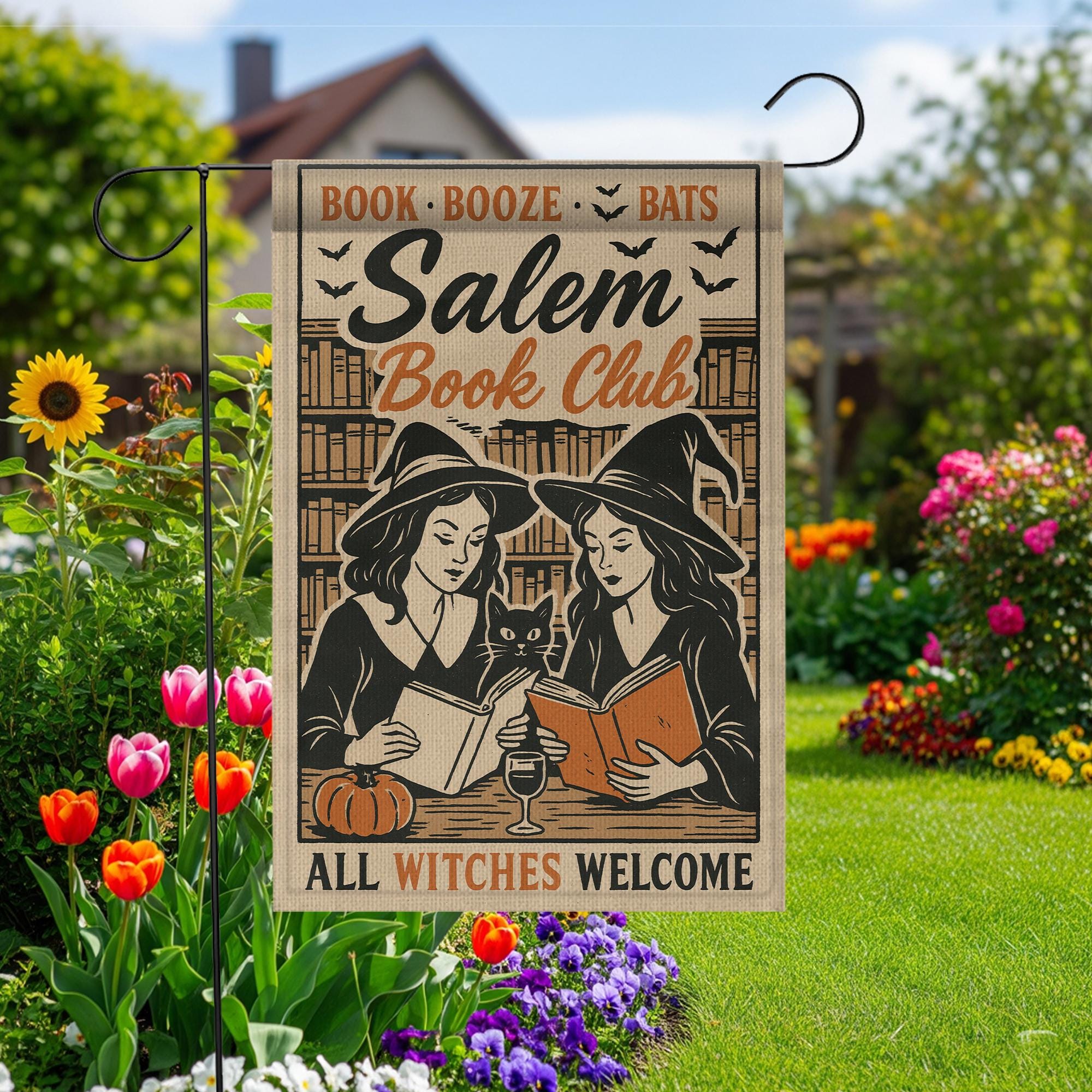 Salem Book Club Garden Flag – Funny Witch Yard Decor – Halloween Witches Reading Banner – Booze & Bats Outdoor Fall Flag