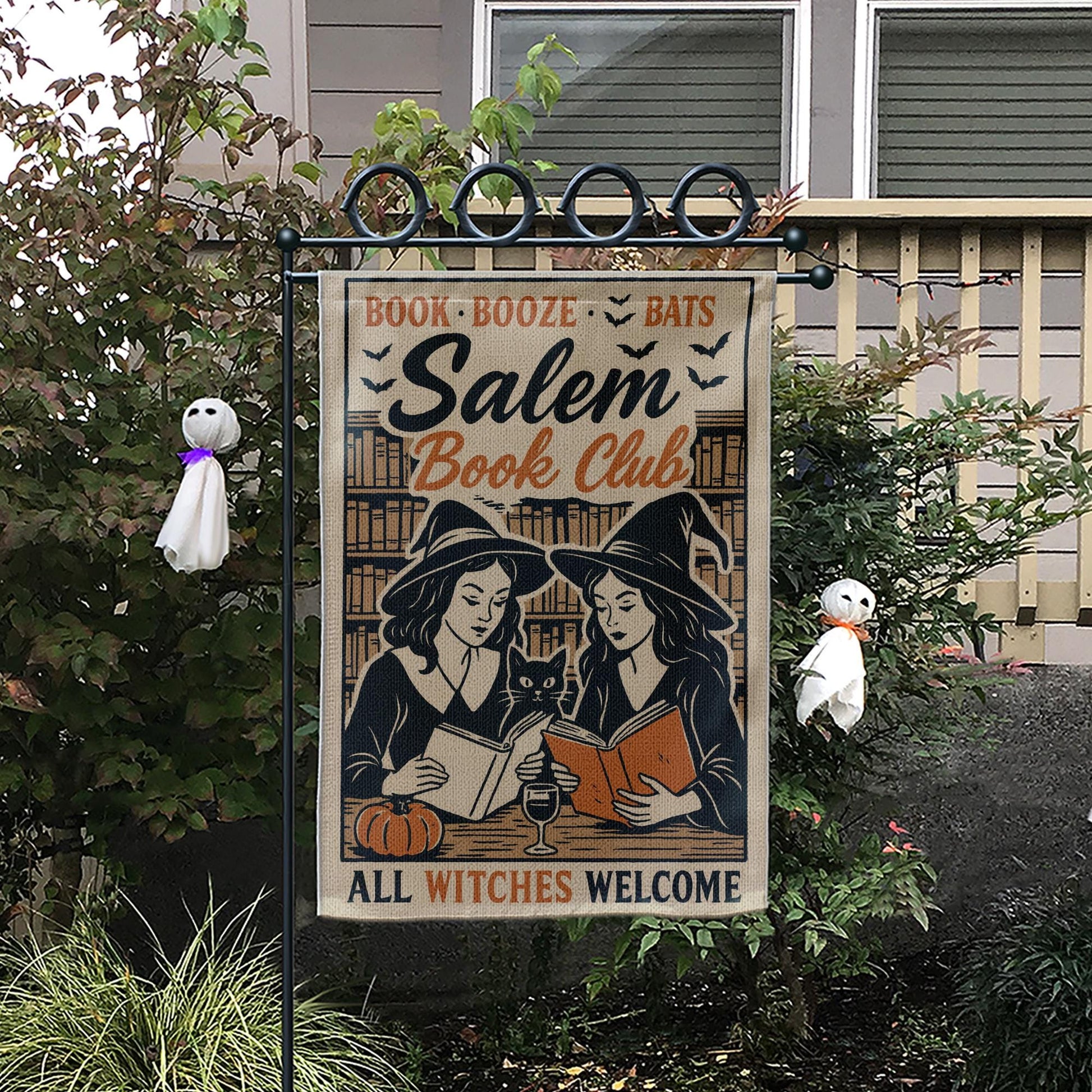 Salem Book Club Garden Flag – Funny Witch Yard Decor – Halloween Witches Reading Banner – Booze & Bats Outdoor Fall Flag