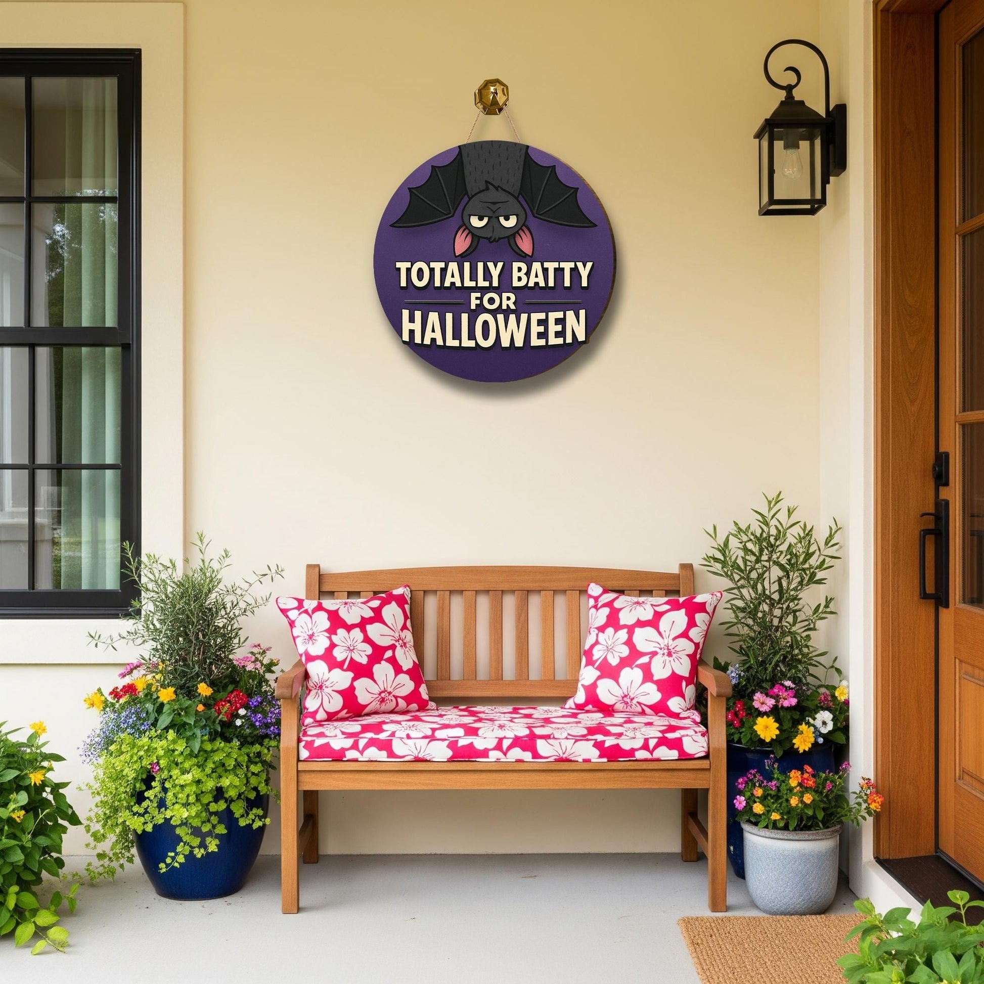 Totally Batty for Halloween Door Sign – Funny Bat Halloween Decor – Cute Round Hanging Sign for Front Door or Porch