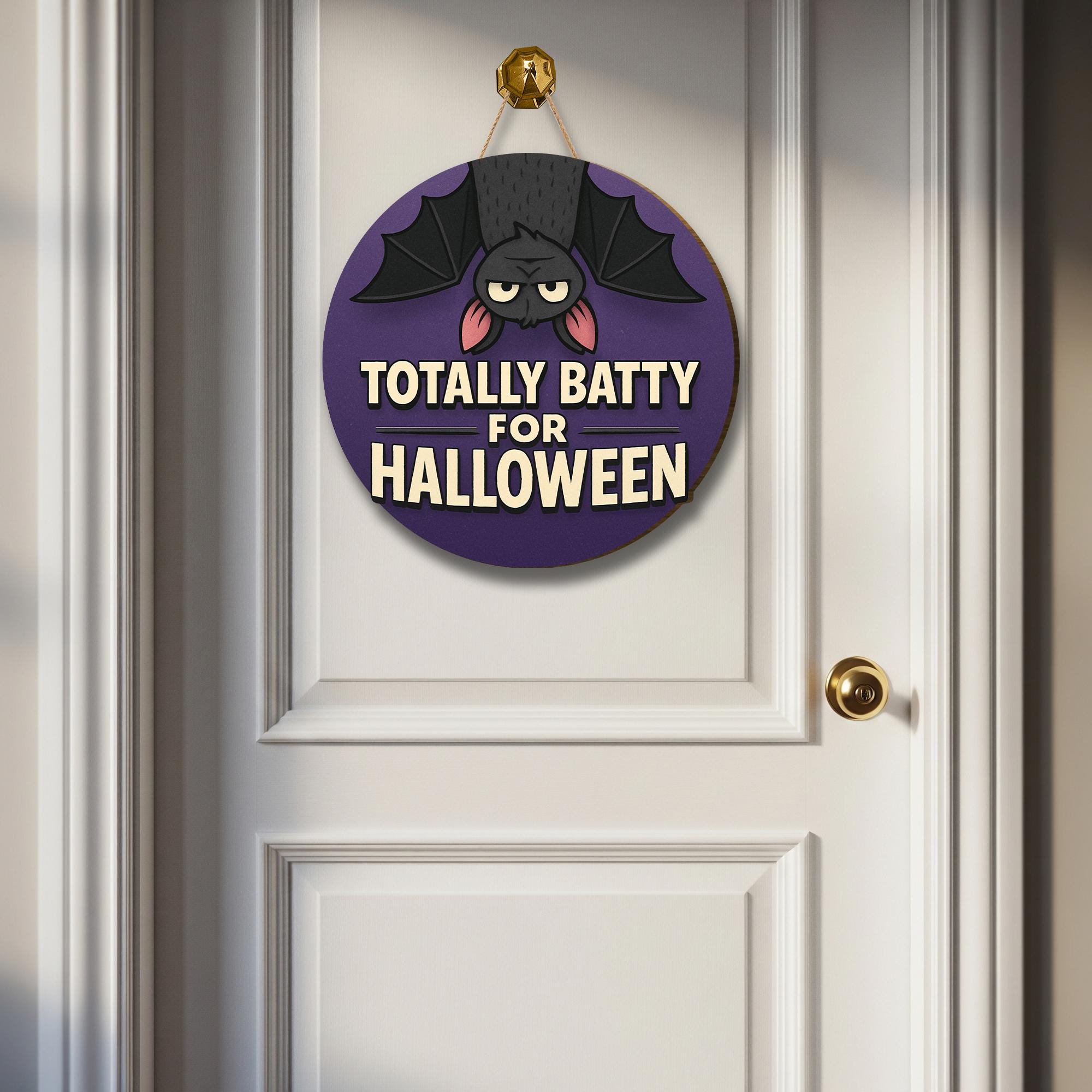 Totally Batty for Halloween Door Sign – Funny Bat Halloween Decor – Cute Round Hanging Sign for Front Door or Porch