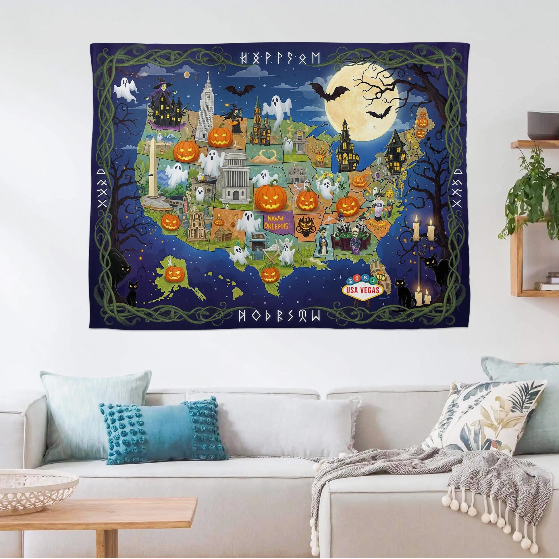 Halloween USA Map Tapestry – Haunted America Wall Decor with Ghosts, Pumpkins & Landmarks – Spooky Travel Wall Art for Fall