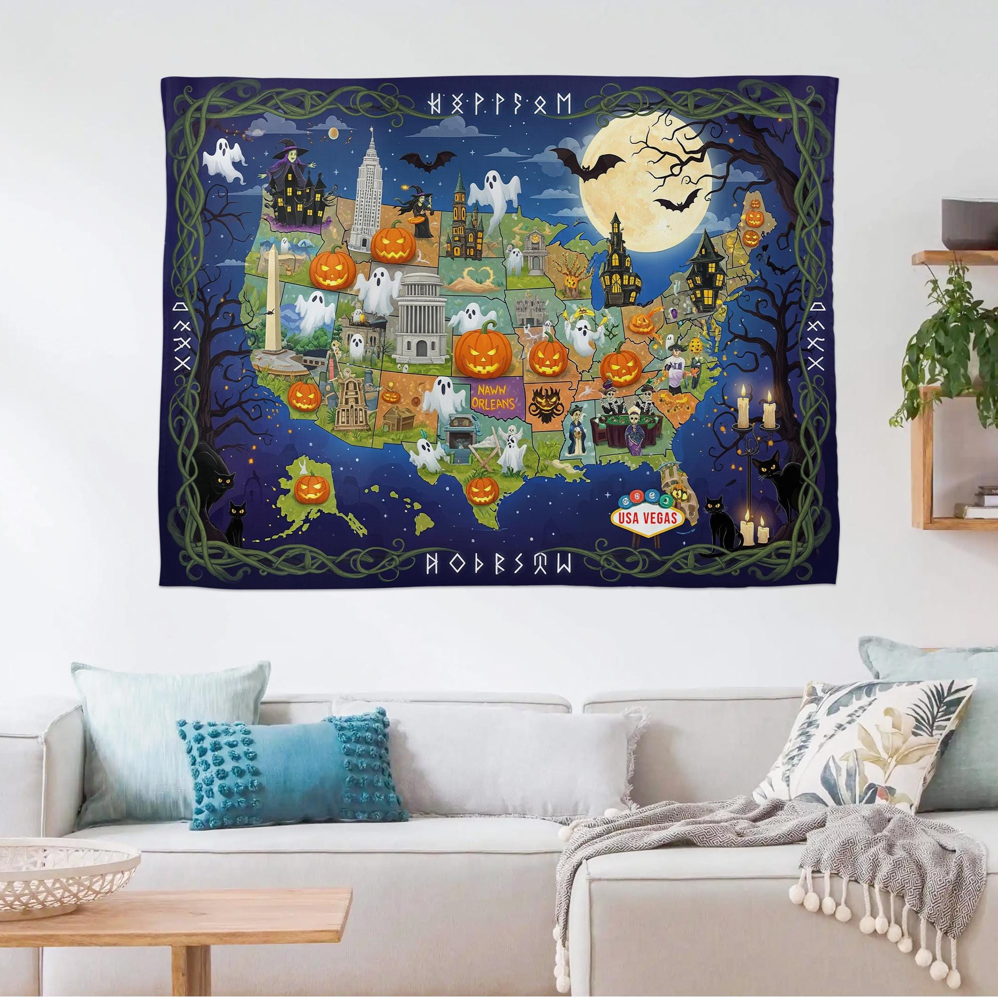 Halloween USA Map Tapestry – Haunted America Wall Decor with Ghosts, Pumpkins & Landmarks – Spooky Travel Wall Art for Fall