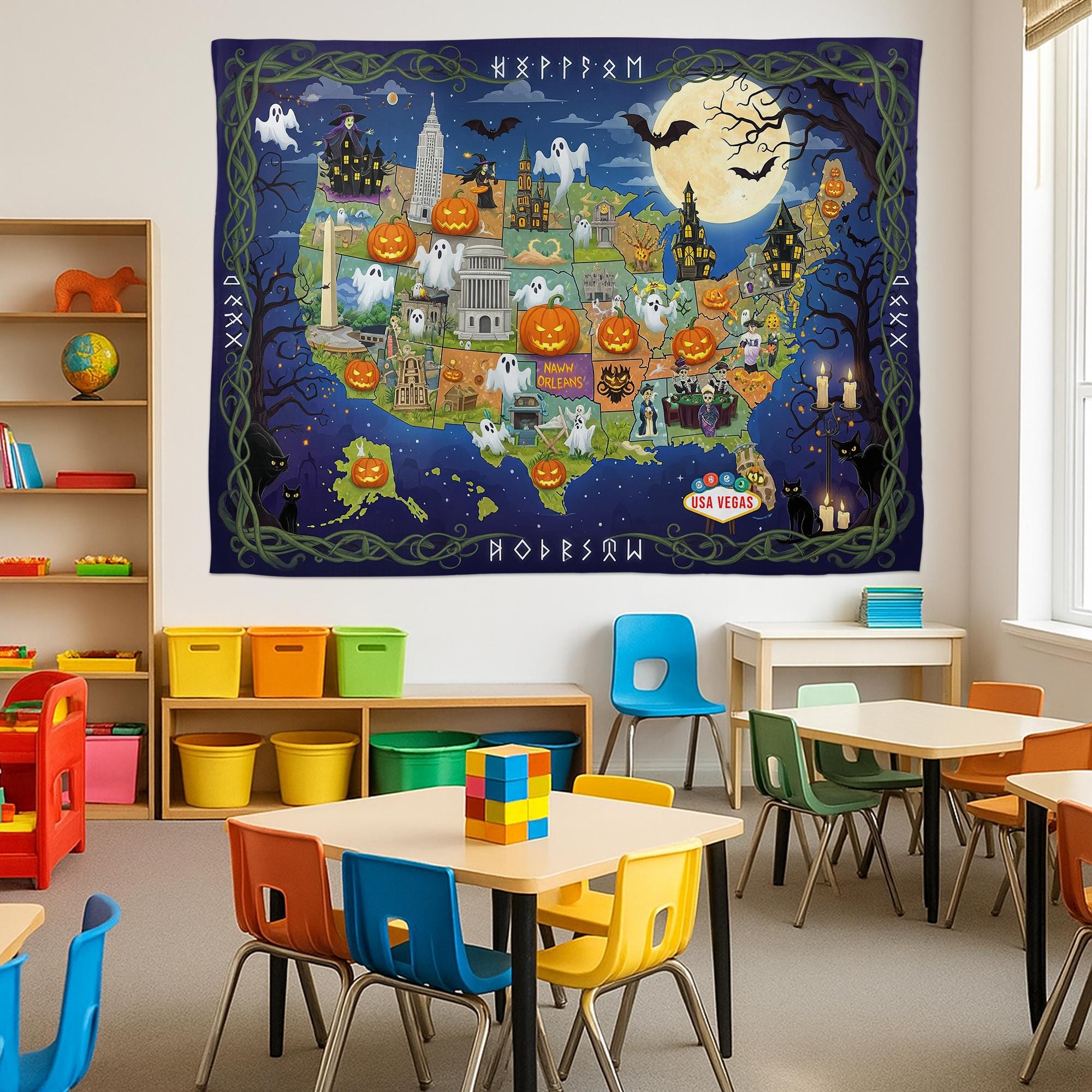 Halloween USA Map Tapestry – Haunted America Wall Decor with Ghosts, Pumpkins & Landmarks – Spooky Travel Wall Art for Fall