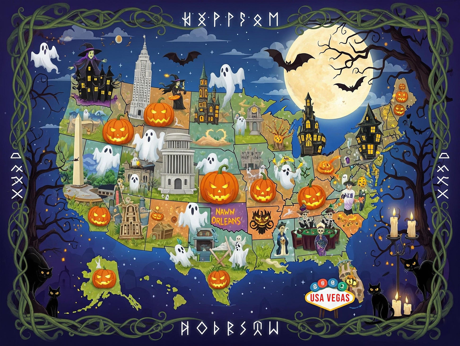 Halloween USA Map Tapestry – Haunted America Wall Decor with Ghosts, Pumpkins & Landmarks – Spooky Travel Wall Art for Fall