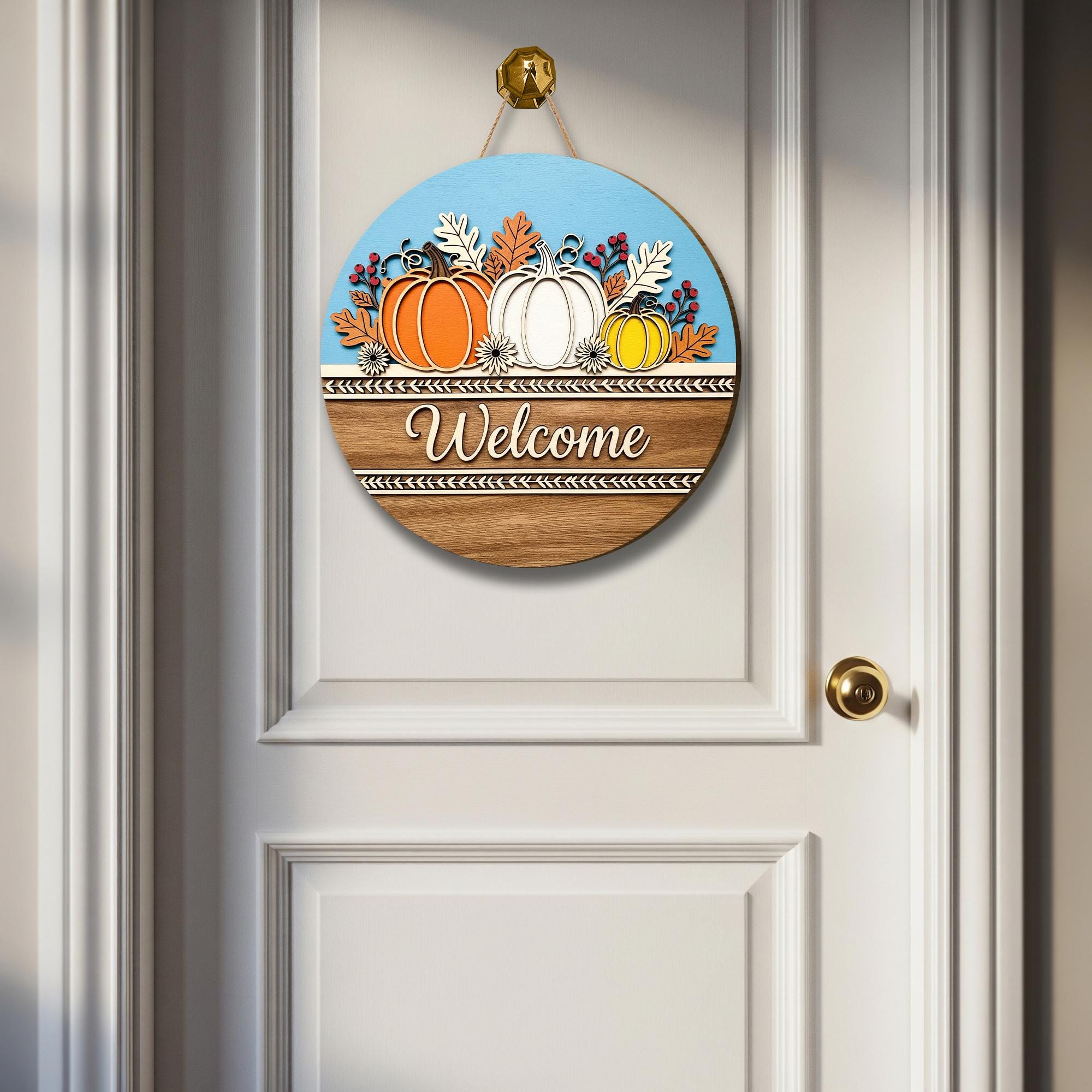 Fall Pumpkin Welcome Sign – Wooden Round Welcome Door Decor, Autumn Harvest Welcome Plaque, Rustic Seasonal Front Door Accent