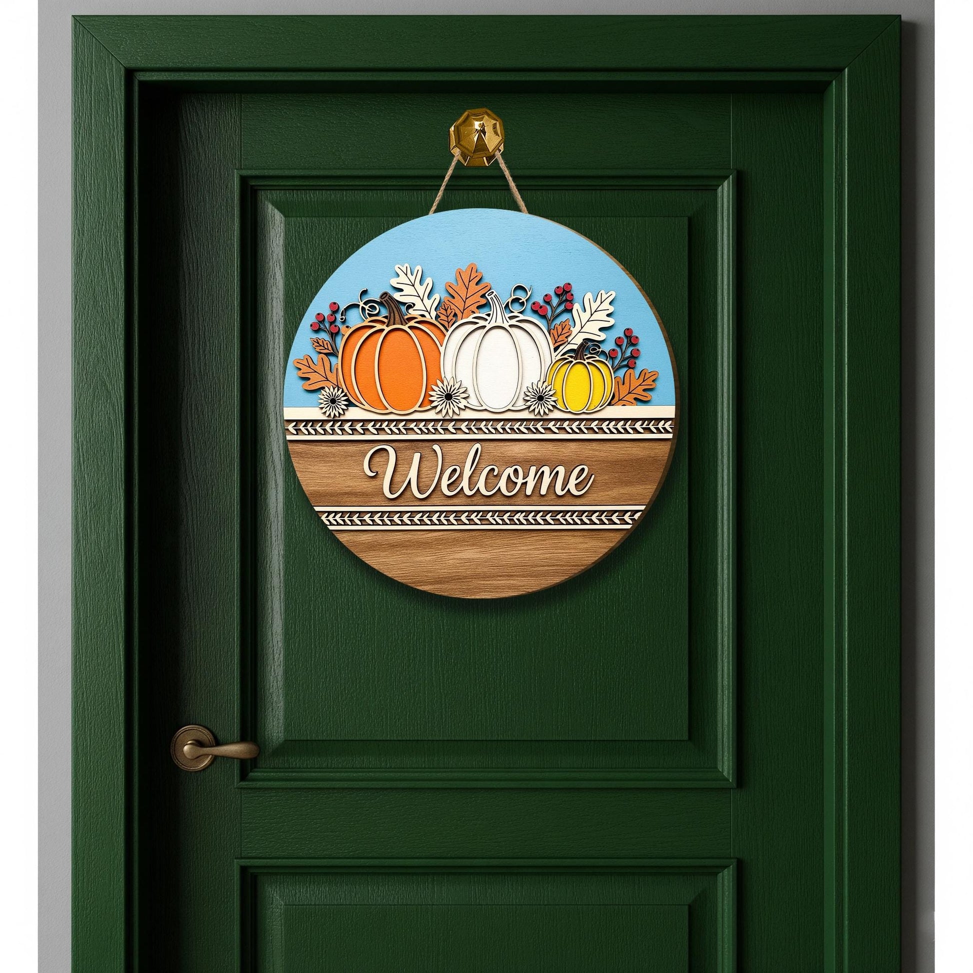 Fall Pumpkin Welcome Sign – Wooden Round Welcome Door Decor, Autumn Harvest Welcome Plaque, Rustic Seasonal Front Door Accent