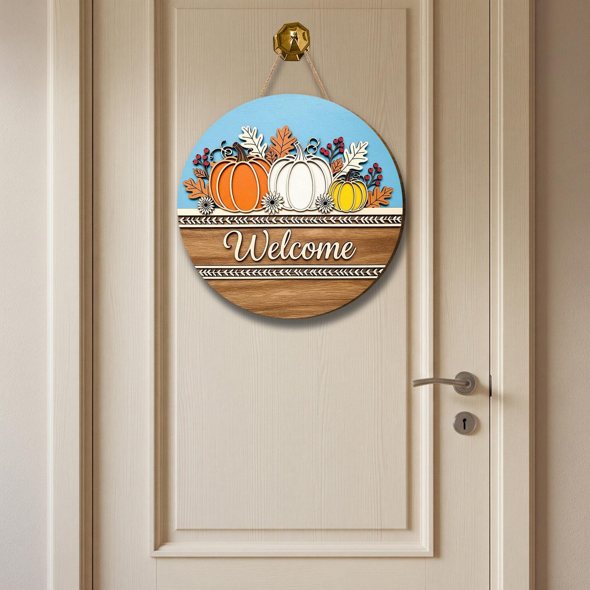 Fall Pumpkin Welcome Sign – Wooden Round Welcome Door Decor, Autumn Harvest Welcome Plaque, Rustic Seasonal Front Door Accent