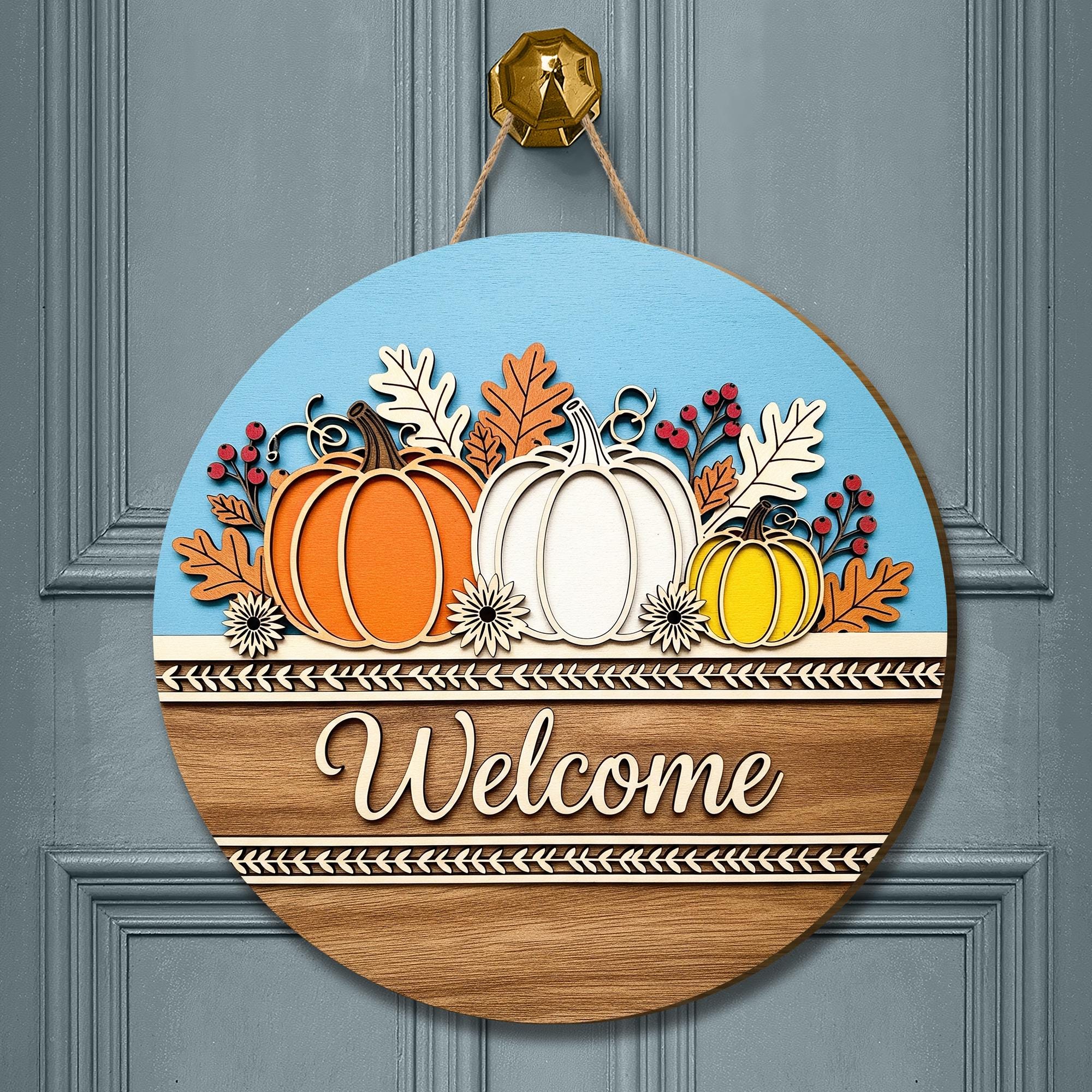 Fall Pumpkin Welcome Sign – Wooden Round Welcome Door Decor, Autumn Harvest Welcome Plaque, Rustic Seasonal Front Door Accent