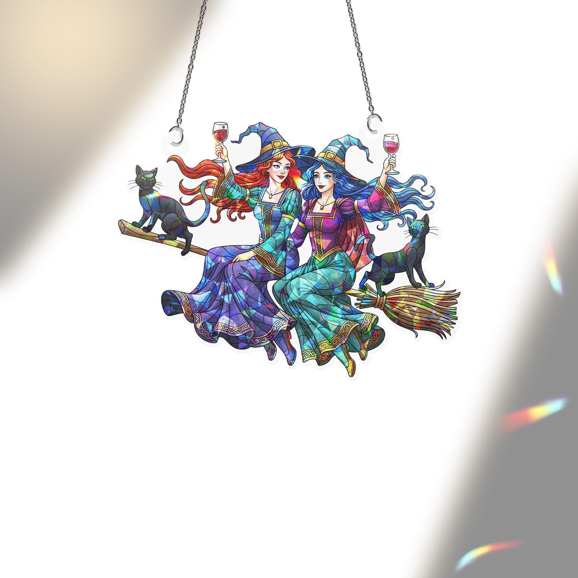 Holographic Witch Sisters & Cats Window Hanging – Halloween Prism Sun Catcher, Autumn Witch Broom Decor, Rainbow Light Acrylic Art