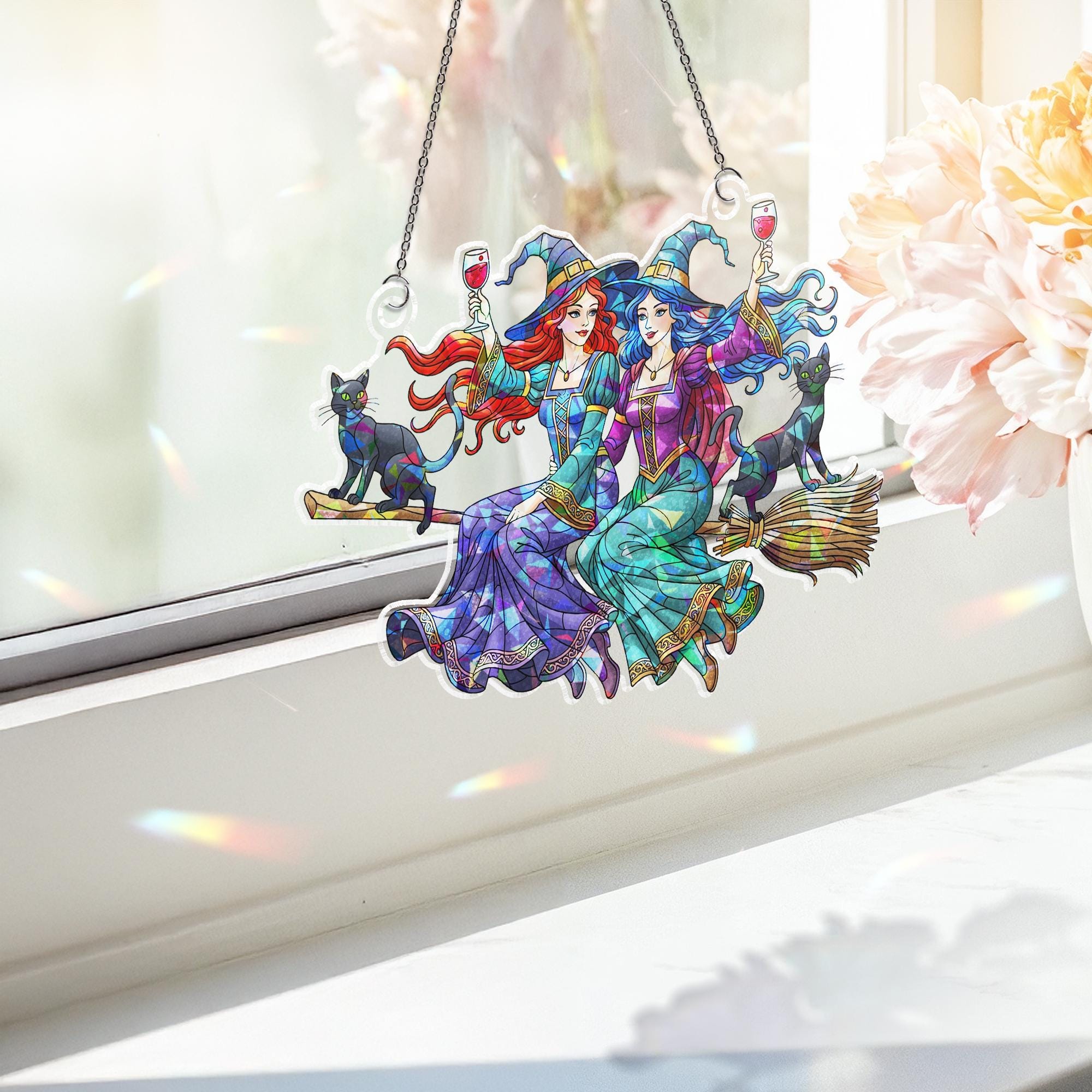 Holographic Witch Sisters & Cats Window Hanging – Halloween Prism Sun Catcher, Autumn Witch Broom Decor, Rainbow Light Acrylic Art