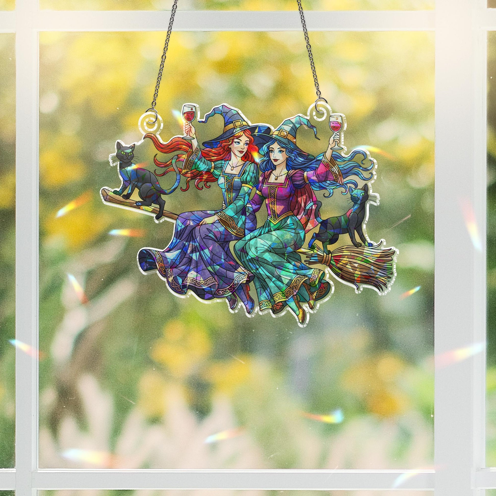 Holographic Witch Sisters & Cats Window Hanging – Halloween Prism Sun Catcher, Autumn Witch Broom Decor, Rainbow Light Acrylic Art