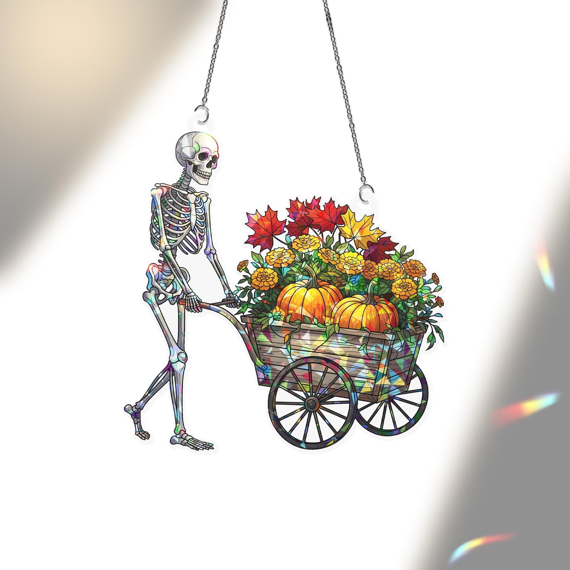 Holographic Skeleton Wheelbarrow Window Hanger – Fall Autumn Pumpkin & Skeleton Hanging Decor, Halloween Prism Art Sun Catcher
