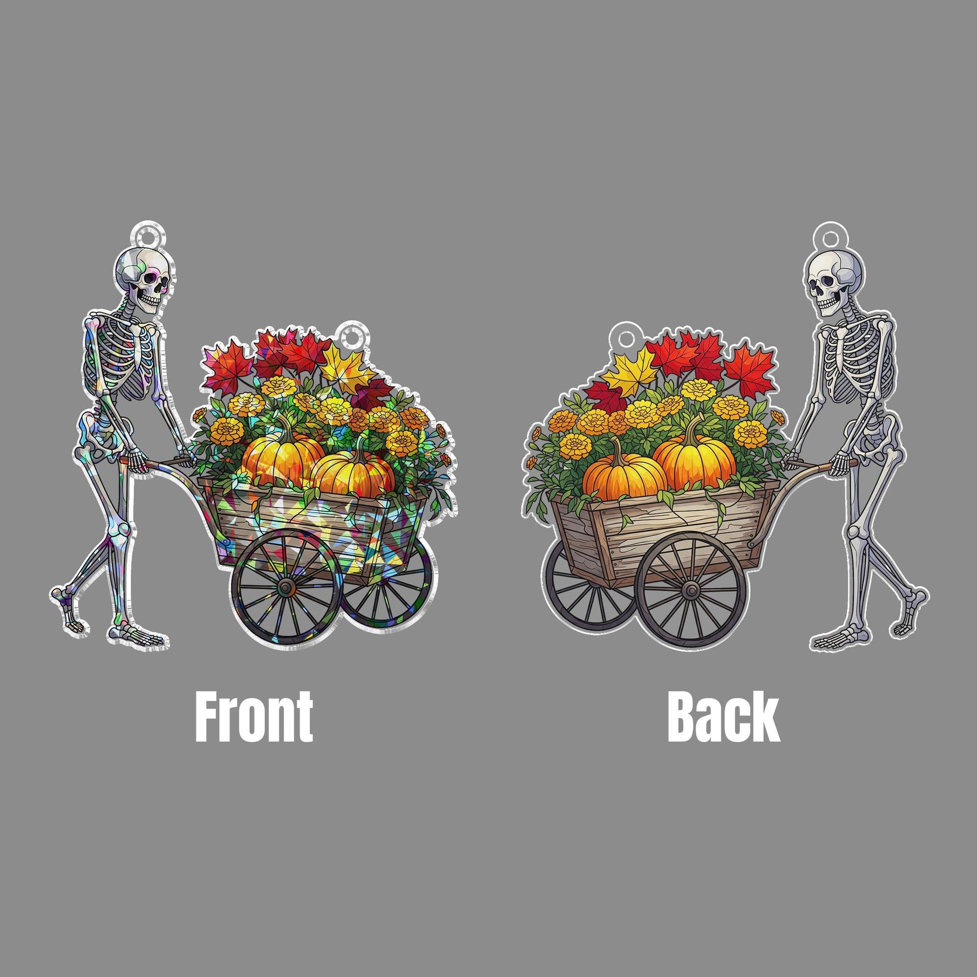 Holographic Skeleton Wheelbarrow Window Hanger – Fall Autumn Pumpkin & Skeleton Hanging Decor, Halloween Prism Art Sun Catcher