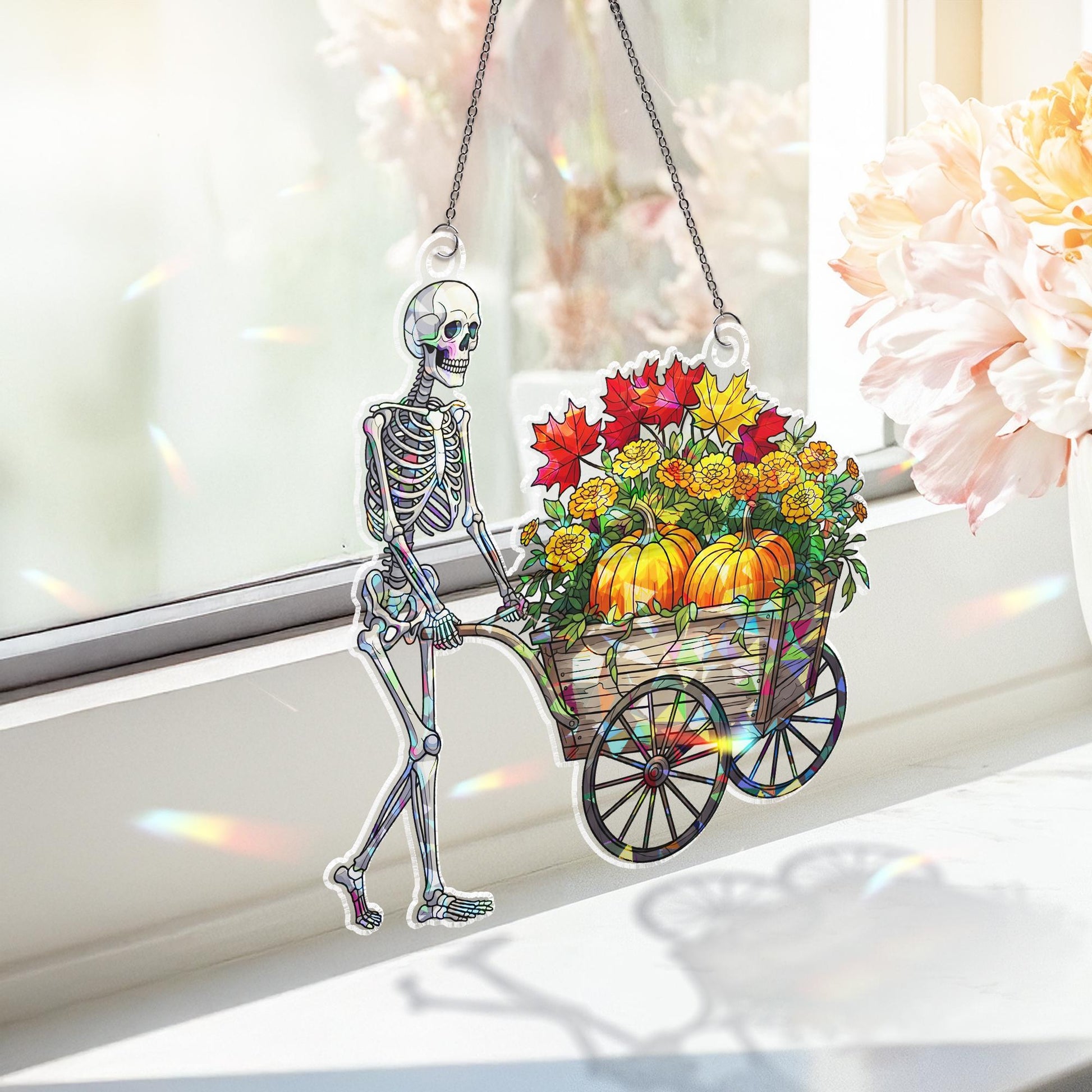 Holographic Skeleton Wheelbarrow Window Hanger – Fall Autumn Pumpkin & Skeleton Hanging Decor, Halloween Prism Art Sun Catcher