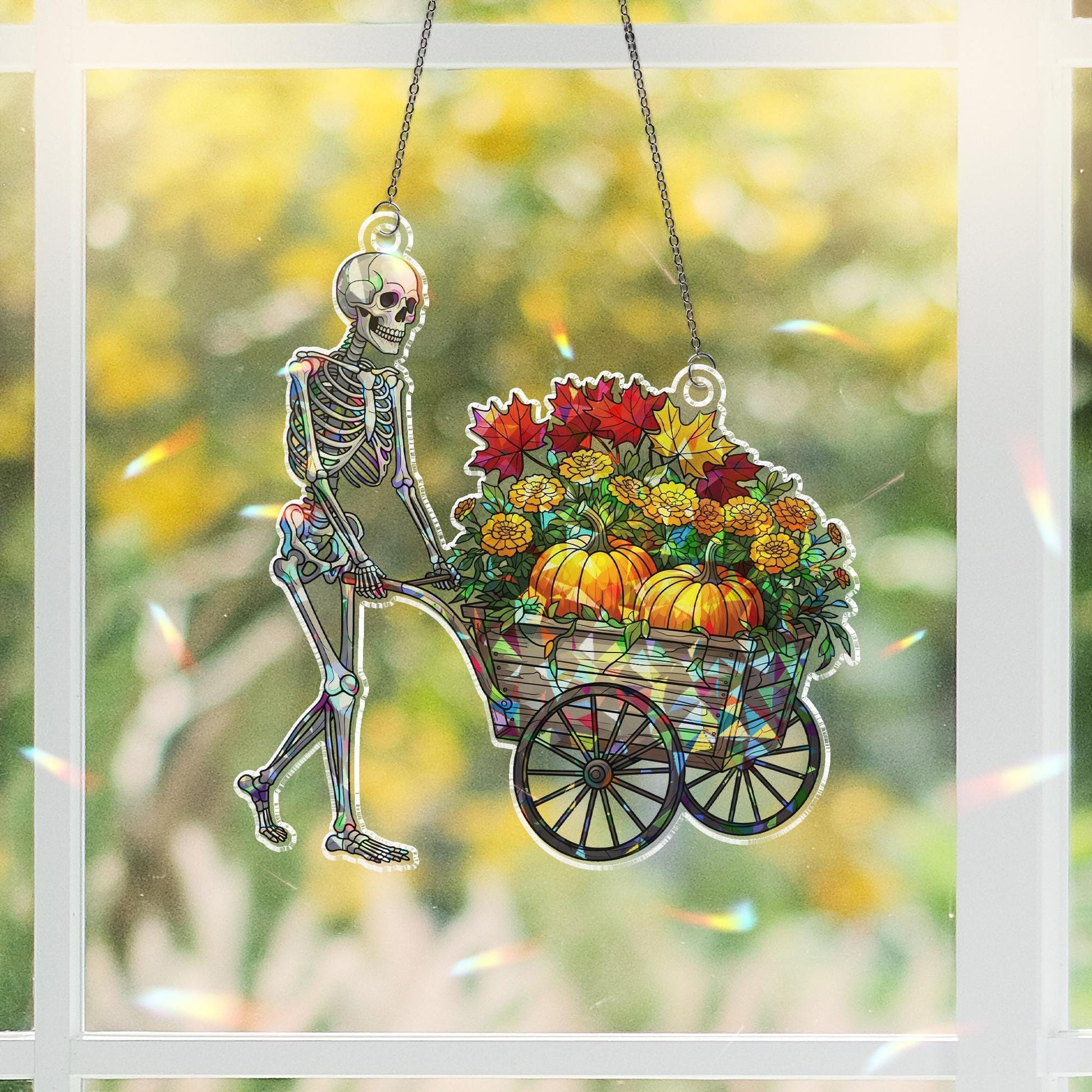 Holographic Skeleton Wheelbarrow Window Hanger – Fall Autumn Pumpkin & Skeleton Hanging Decor, Halloween Prism Art Sun Catcher
