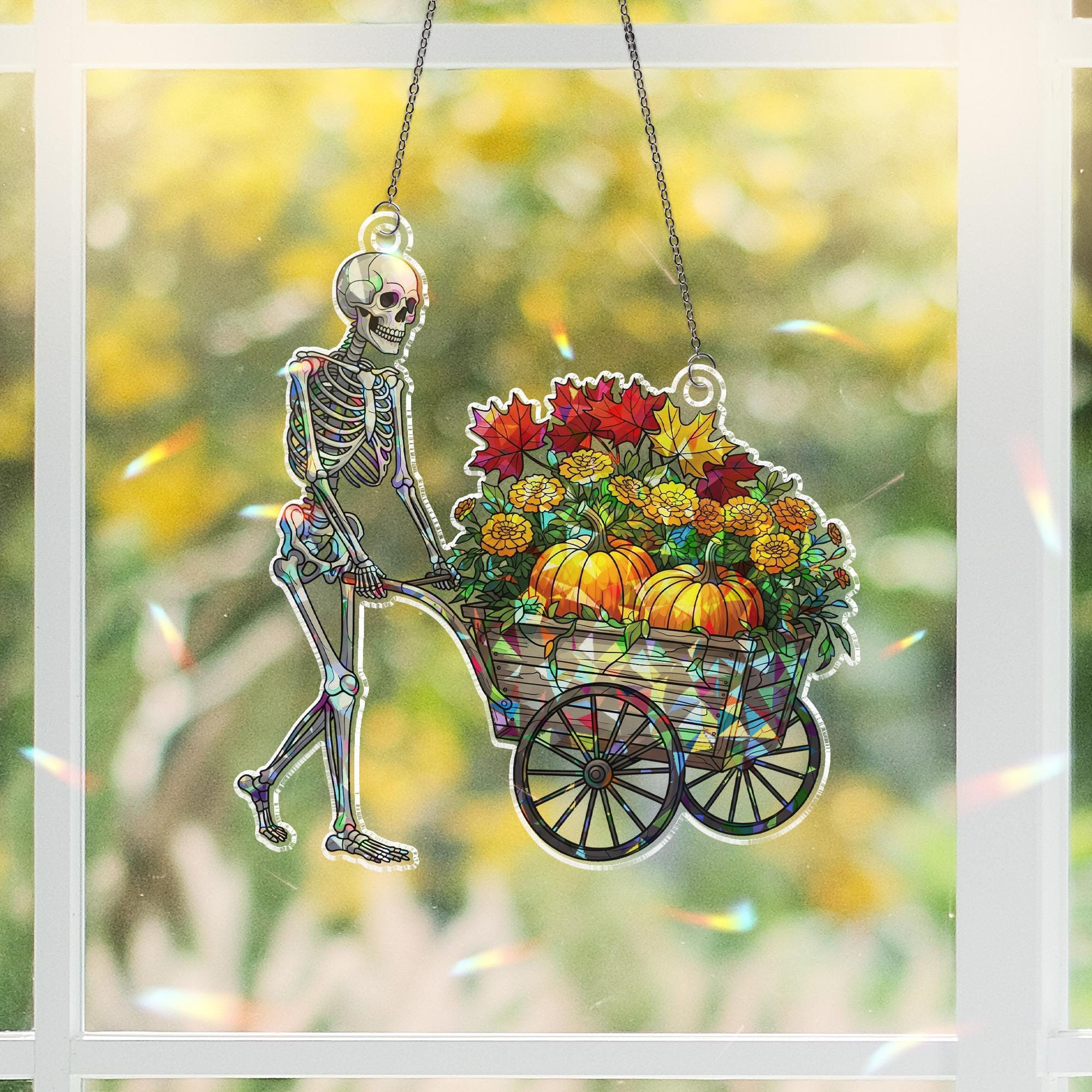 Holographic Skeleton Wheelbarrow Window Hanger – Fall Autumn Pumpkin & Skeleton Hanging Decor, Halloween Prism Art Sun Catcher
